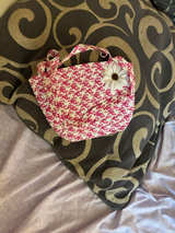 Pink and White Woven Kids Tote Bag with Flower - Image 1
