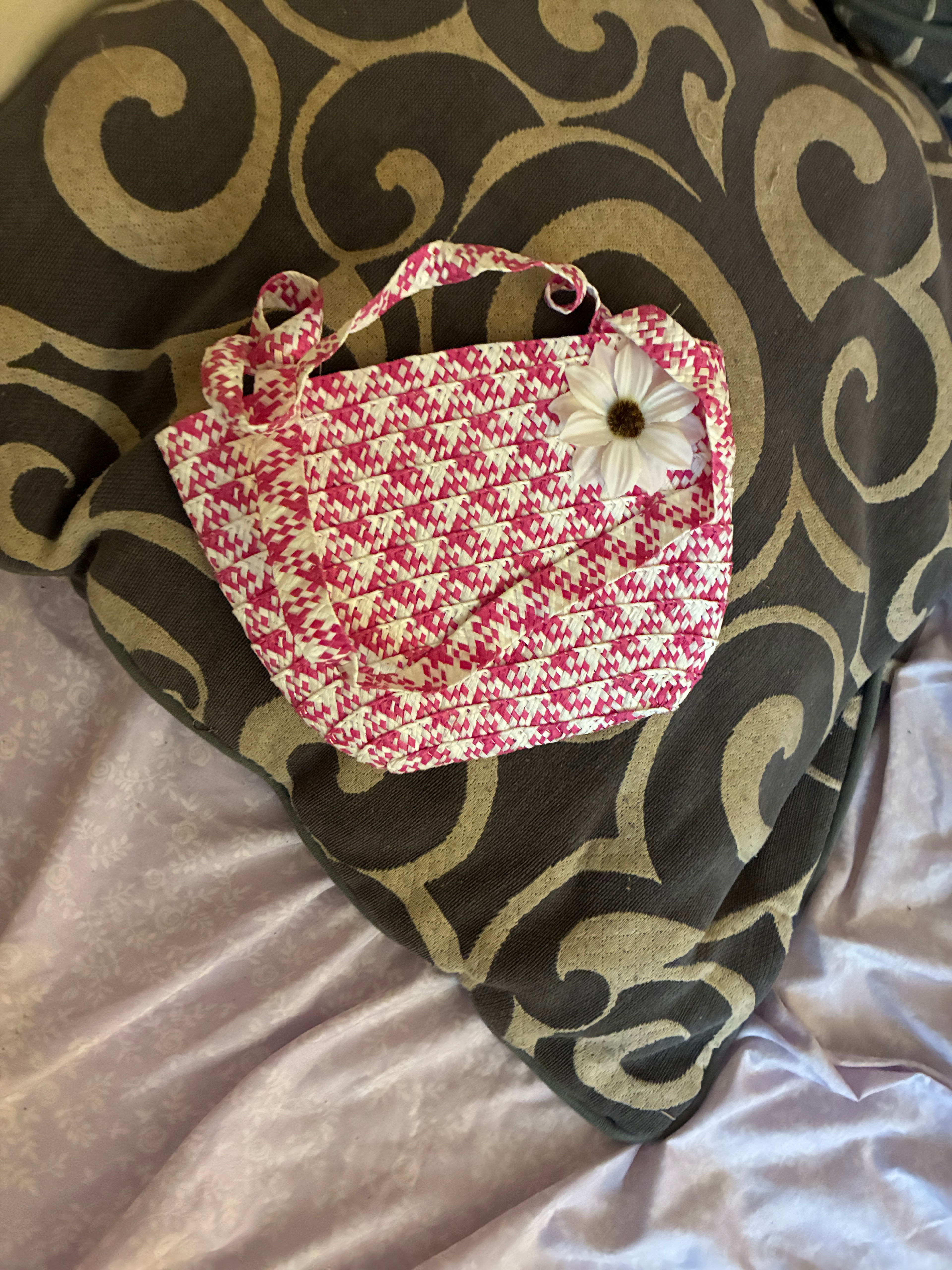 Pink and White Woven Kids Tote Bag with Flower