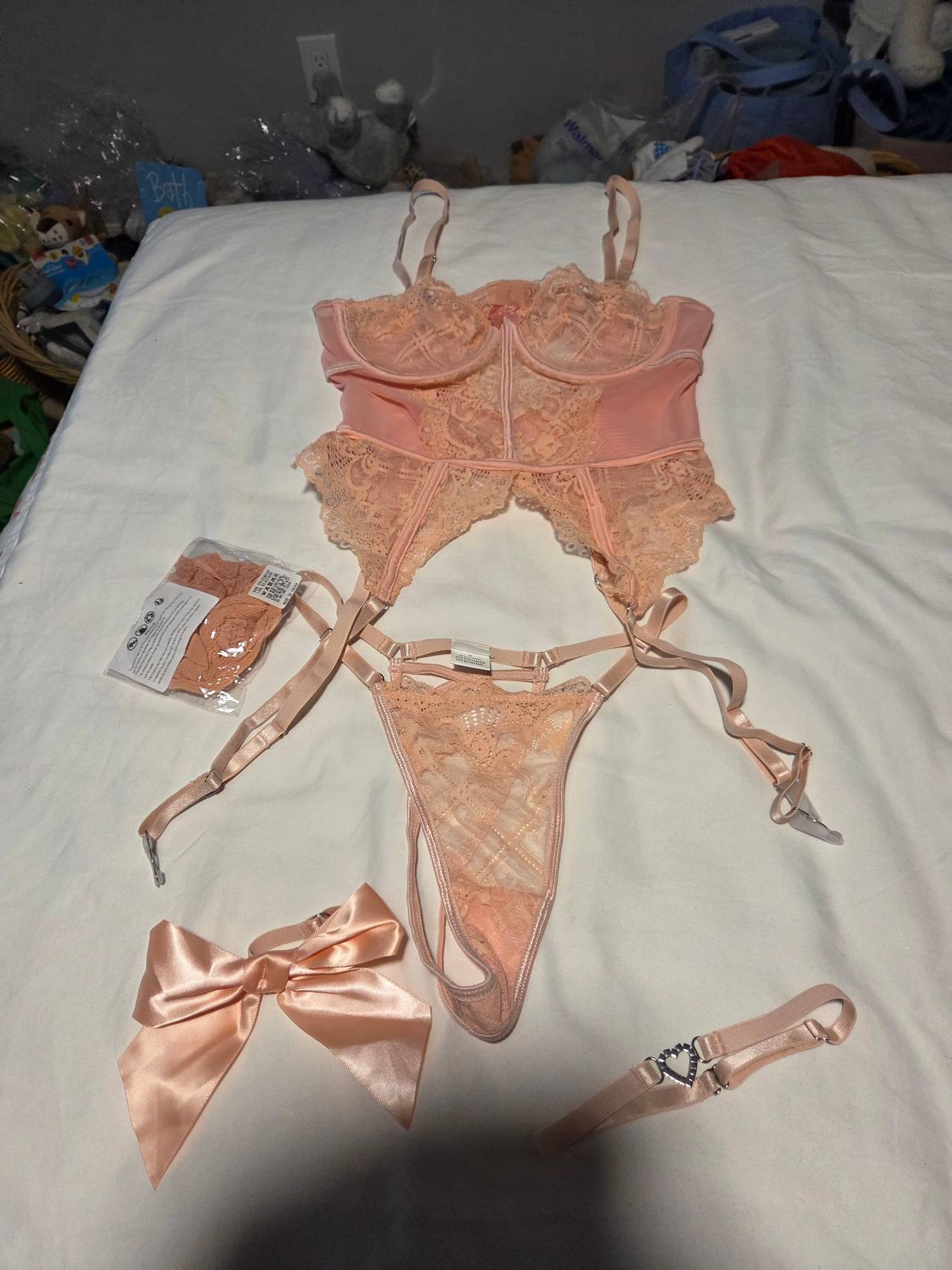 Lace Bustier Lingerie Set with Garter Belt and Bow