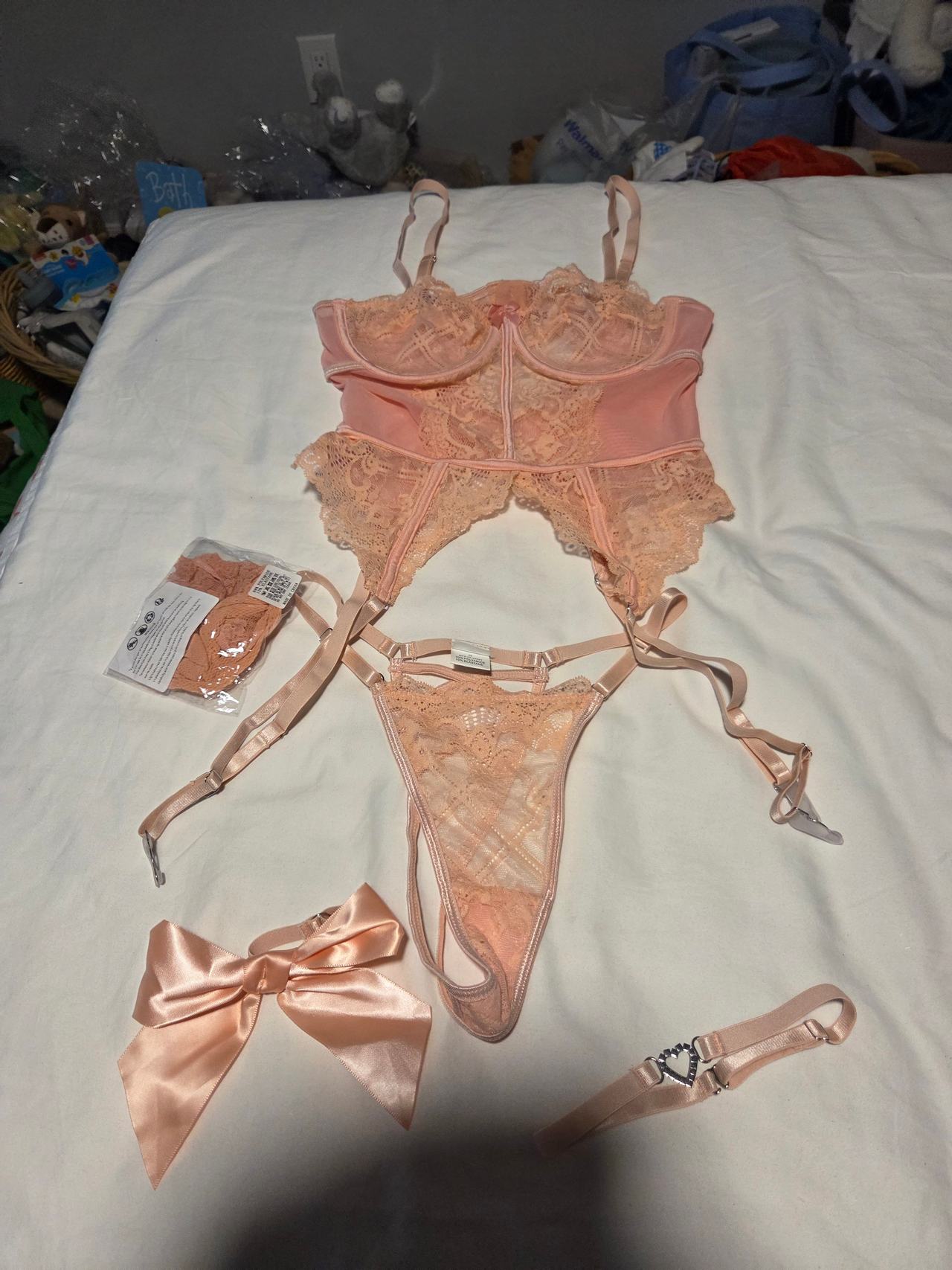 Lace Bustier Lingerie Set with Garter Belt and Bow