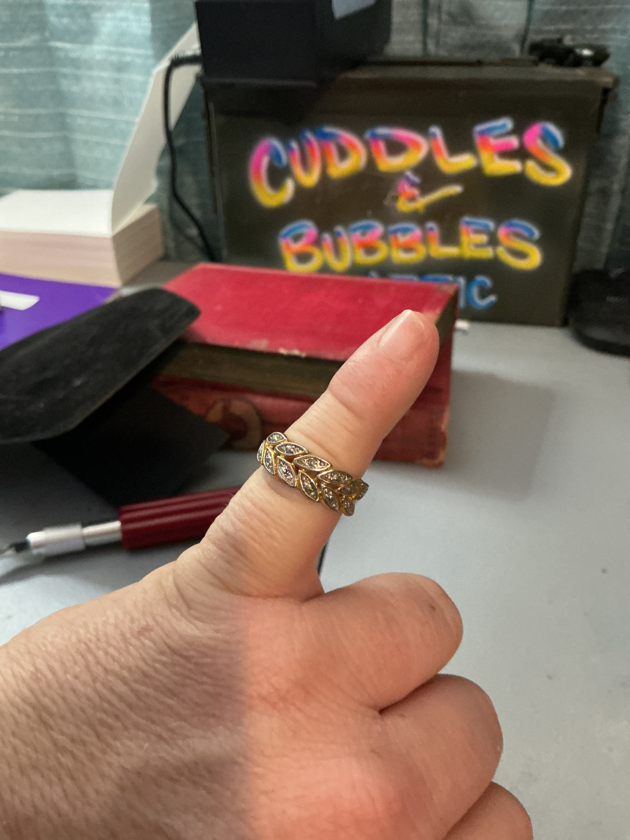 Gold Tone Leaf Band Ring with Rhinestones