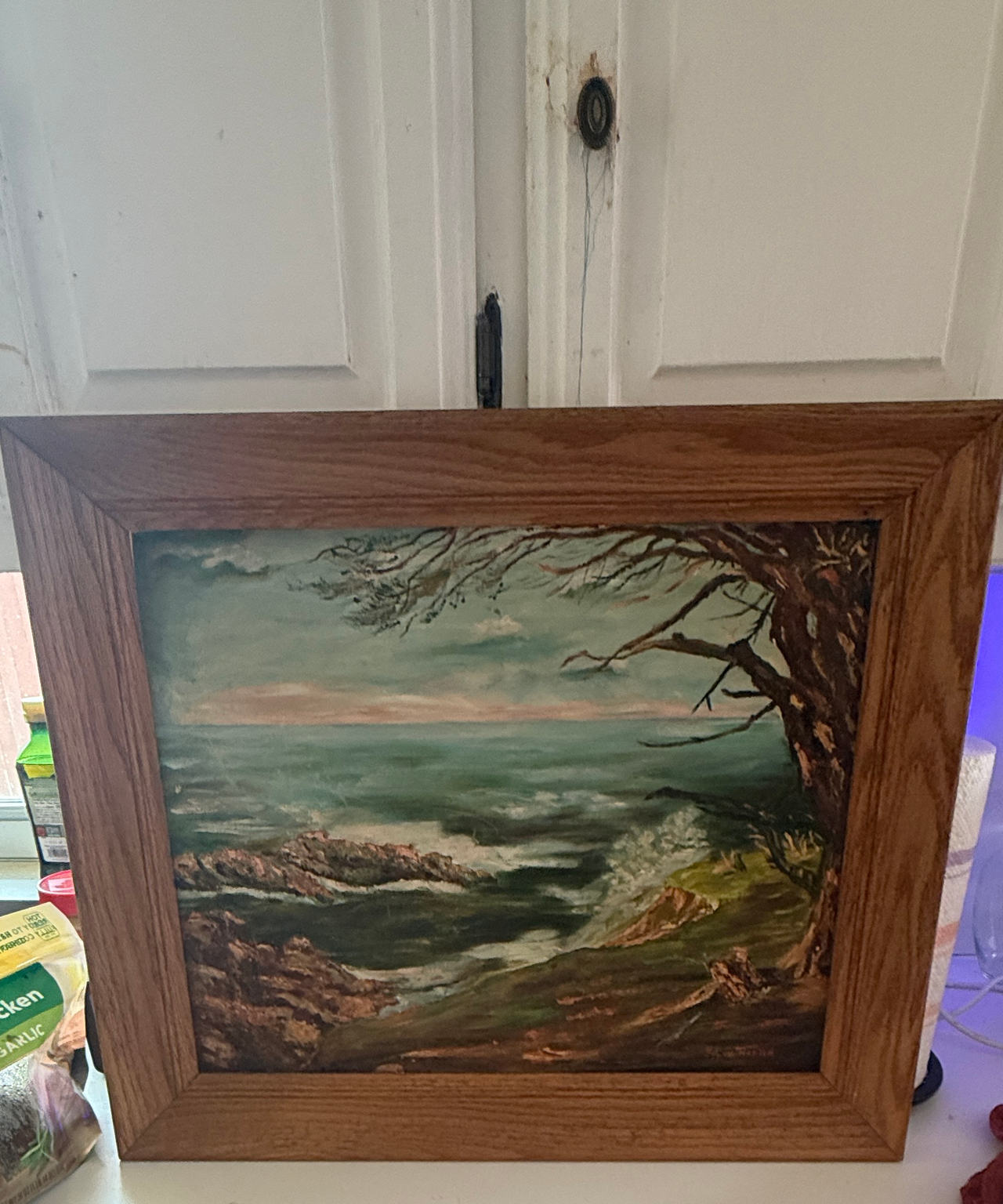 Vintage Coastal Landscape Oil Painting in Oak Frame