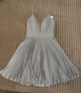 JVN by Jovani Silver Glitter Pleated Cocktail Dress - Image 5
