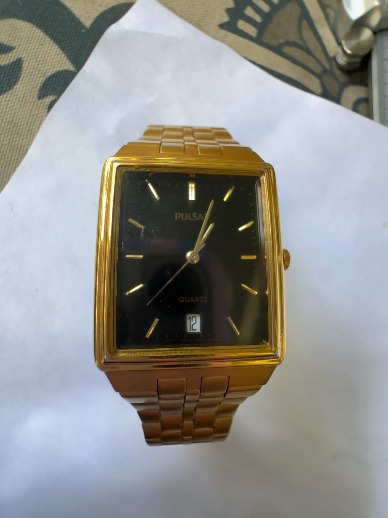 Pulsar Vintage Gold Tone Tank Watch with Black Dial