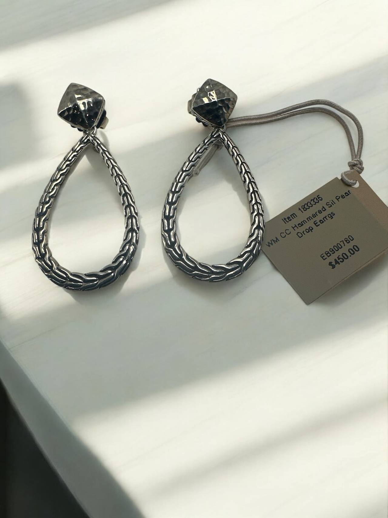 John Hardy Classic Chain Hammered Silver Pear Drop Earrings Brand New with Tags