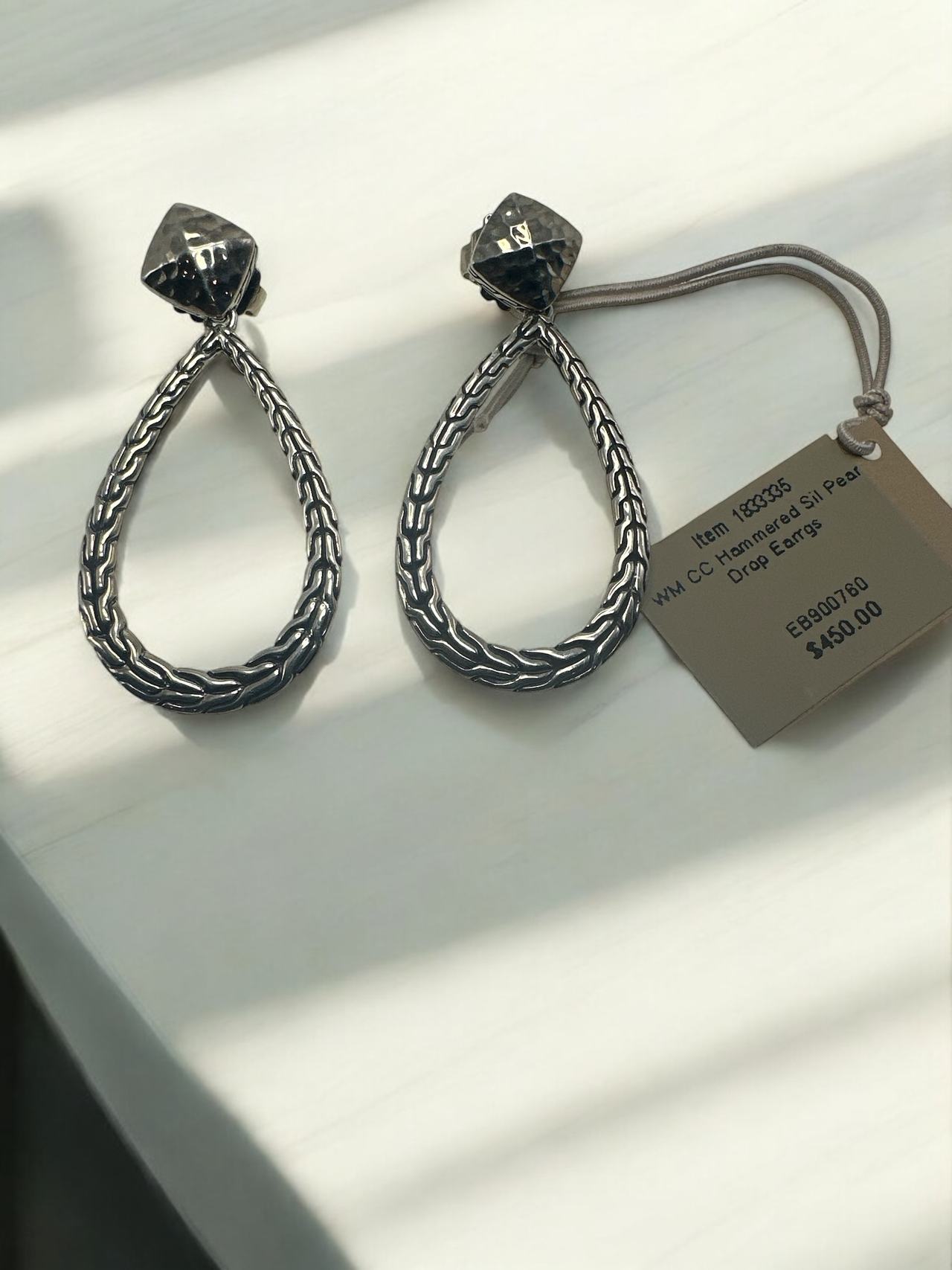 John Hardy Classic Chain Hammered Silver Pear Drop Earrings Brand New with Tags