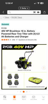 RYOBI 40V HP Brushless 18 in. Battery Powered Rear Tine Tiller with (4) 6.0 Ah Batteries and Charger - Image 1