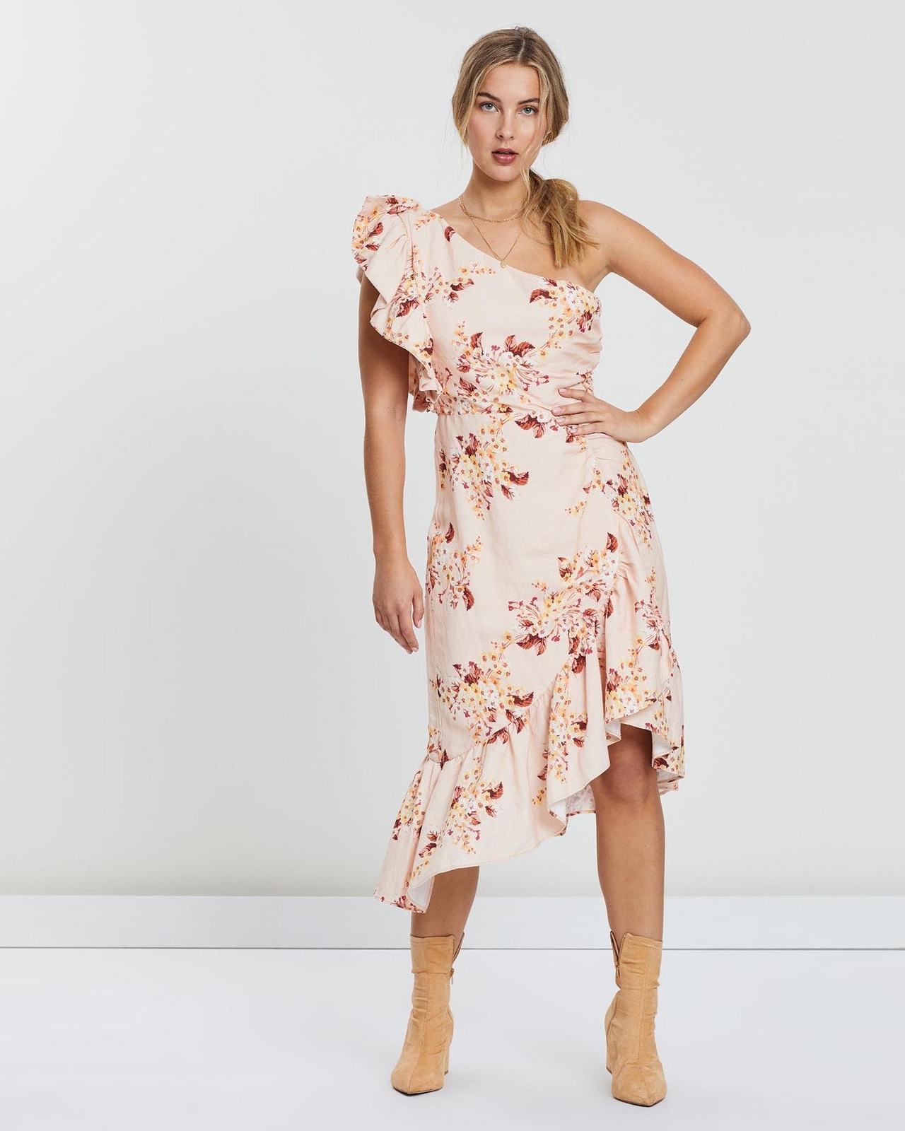 Floral One-Shoulder Ruffle Dress