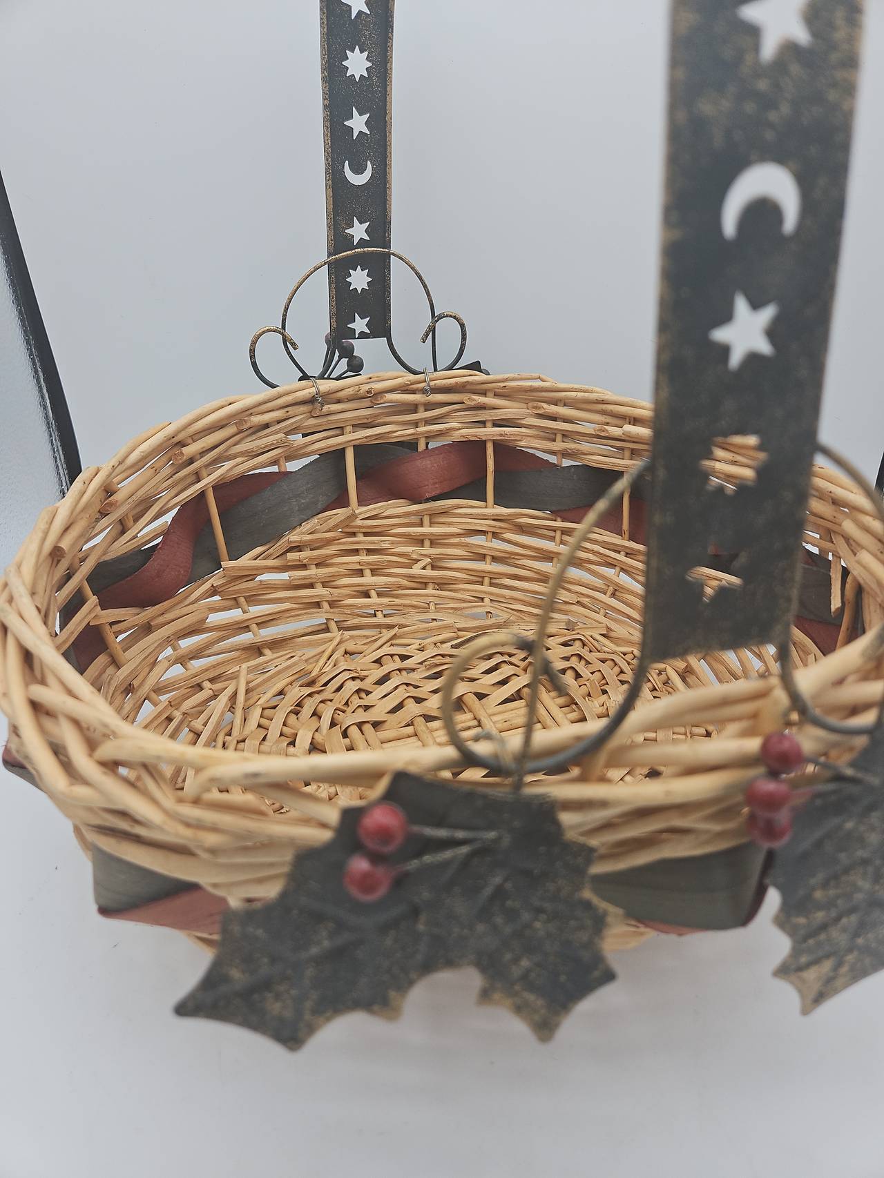 Wicker Basket with Celestial Metal Handle and Holly Accents