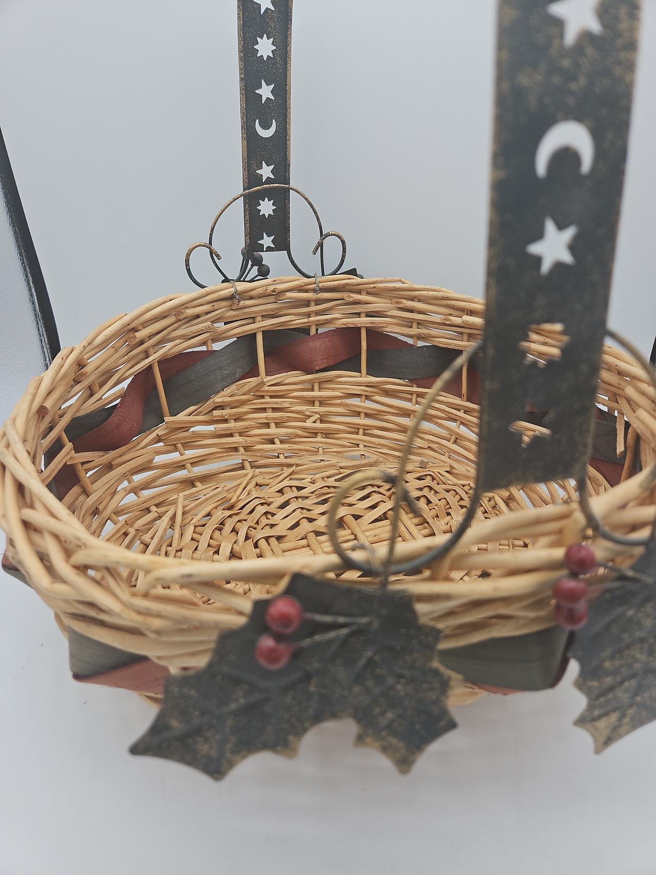 Wicker Basket with Celestial Metal Handle and Holly Accents