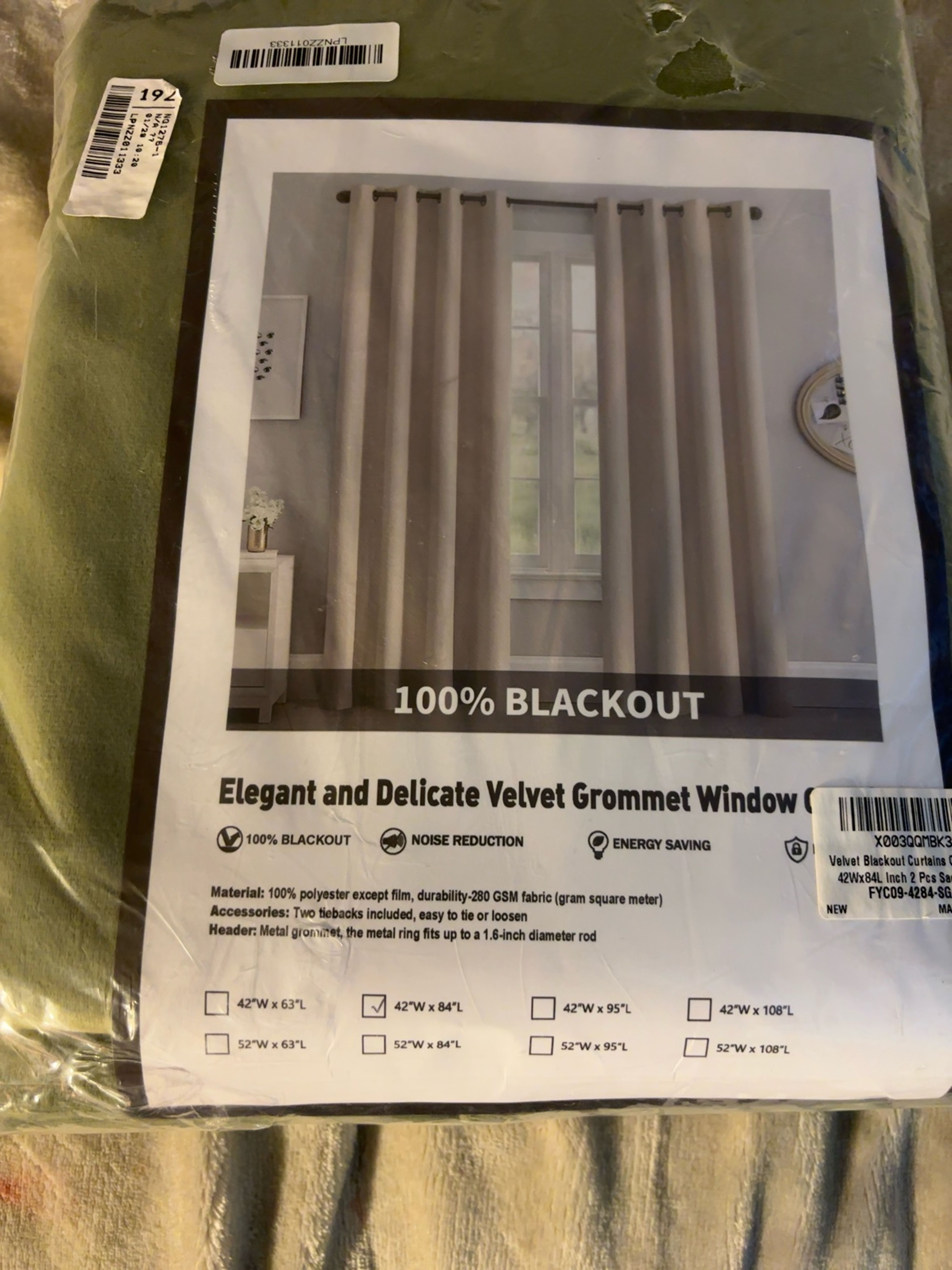 Blackout Grommet Window Curtain Panel size 44w x84L.  Sage green