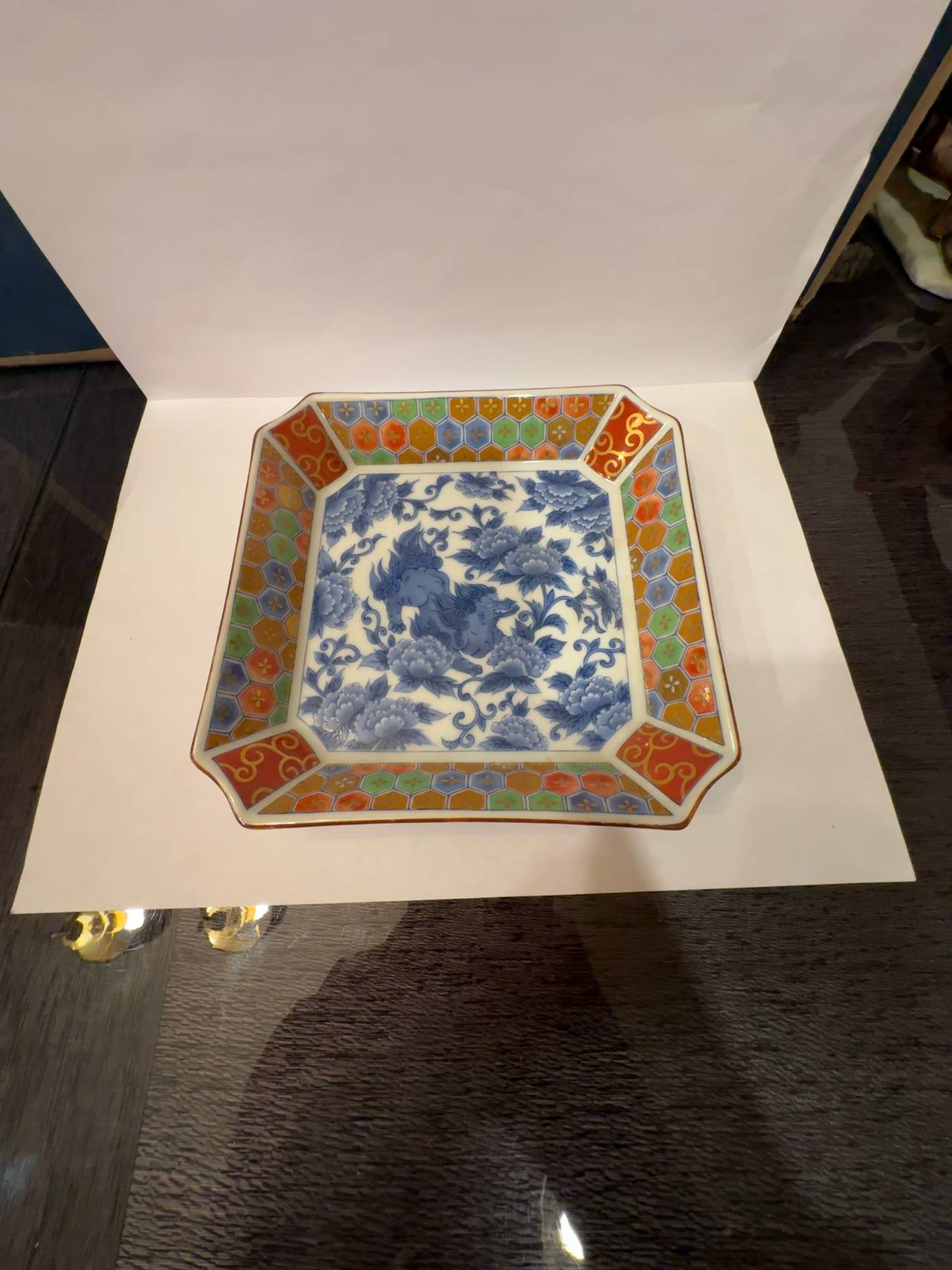 Kozan Gama Japanese Mino Ware Square Porcelain Dragon Foo Dog Plate 6"