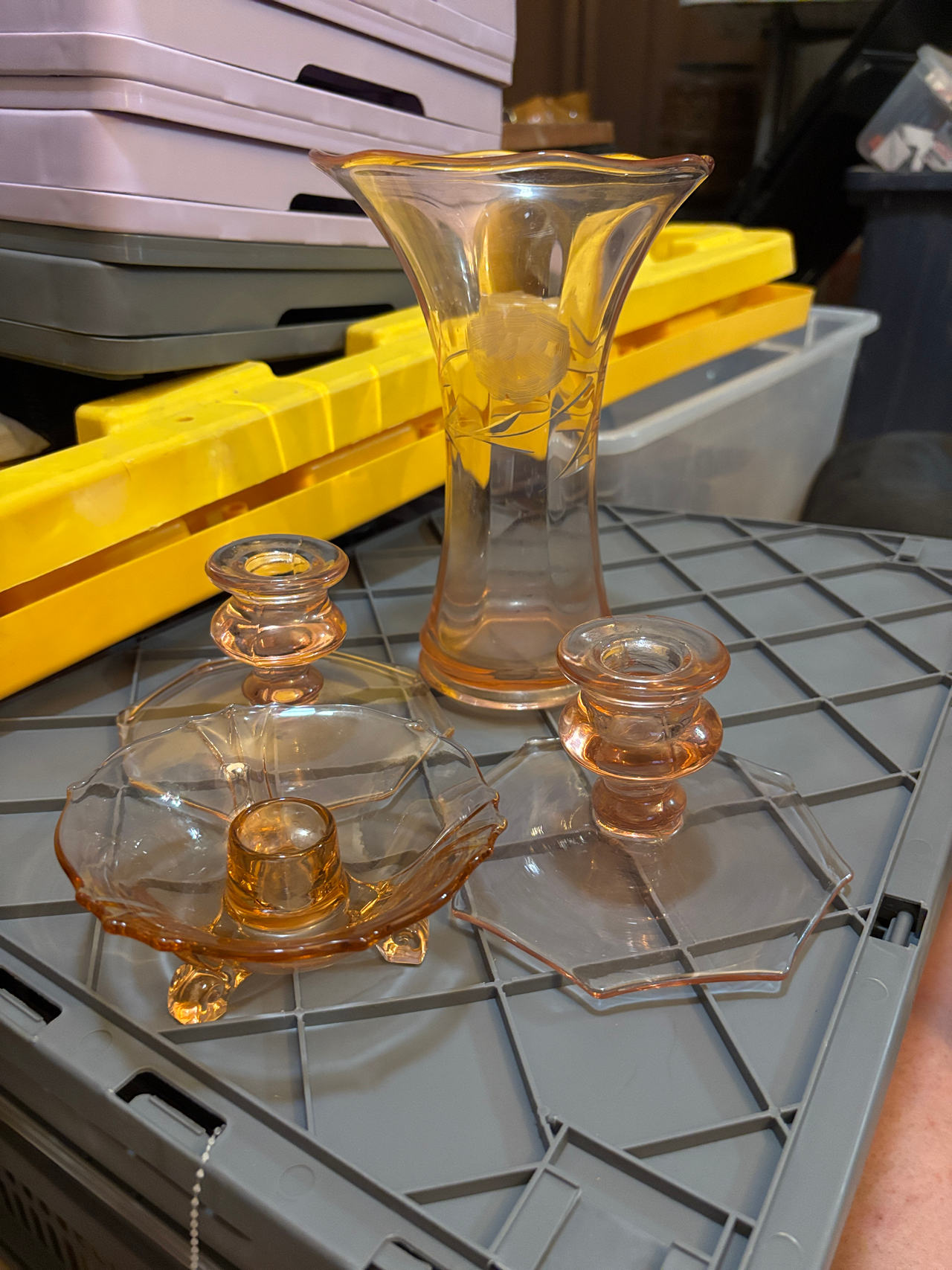 Depression Glass Candle Holders and Vase Set
