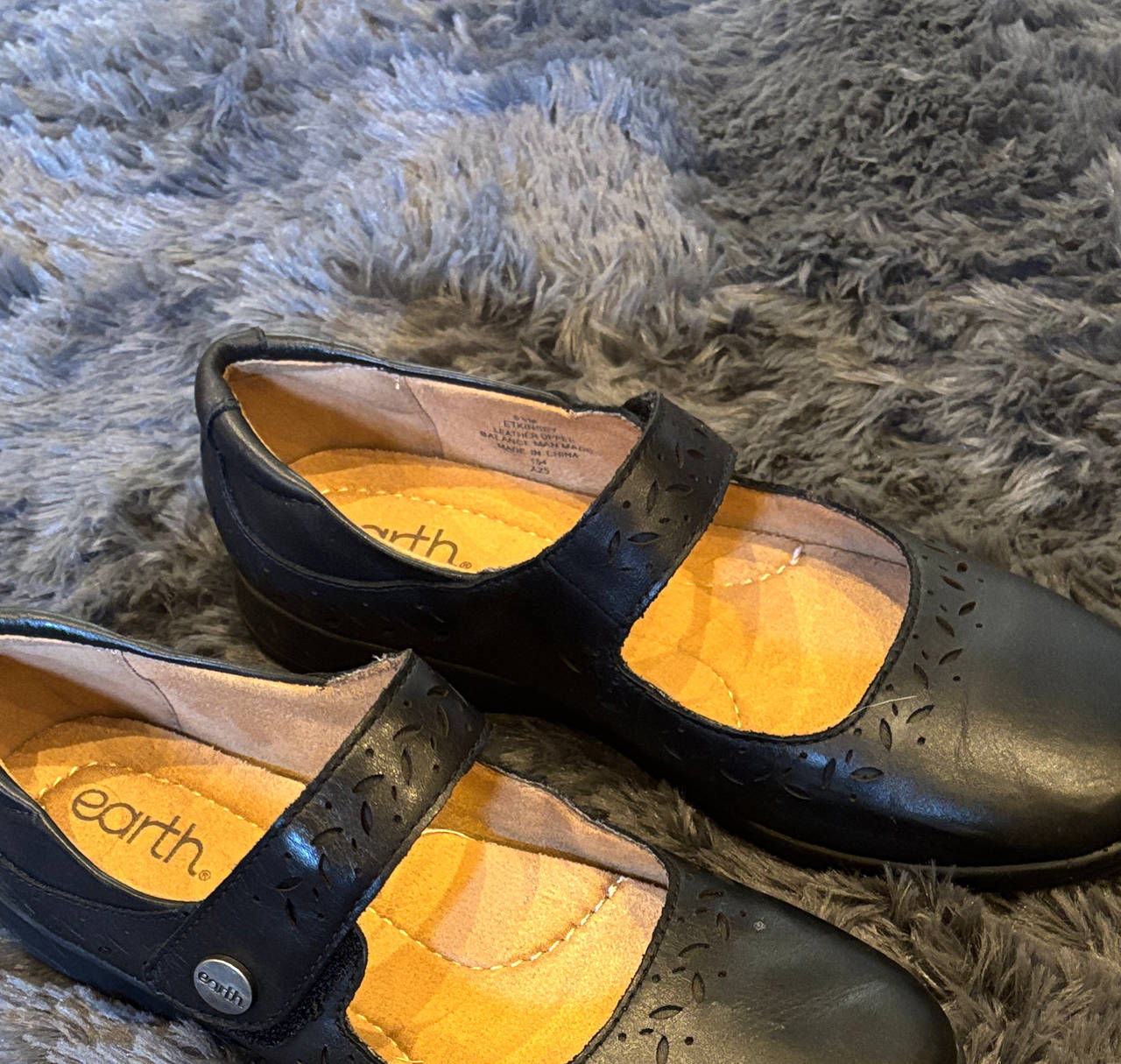 Earth Black Leather Laser Cut Mary Jane Flats