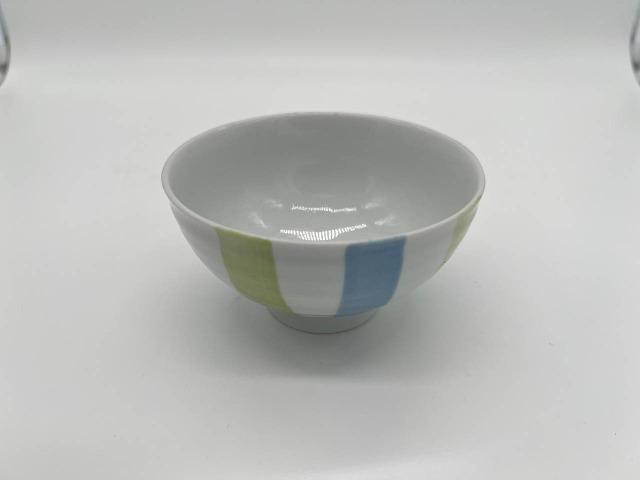Vintage Japanese Porcelain Rice Bowl Blue Green Stripe Signed Footed Bowl 4.5”