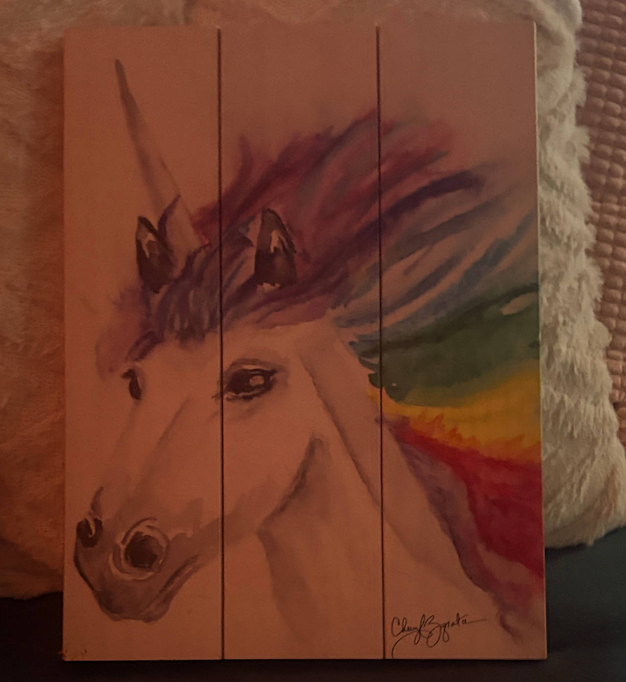 Cheryl Bogata Rainbow Unicorn Wood Slat Wall Art