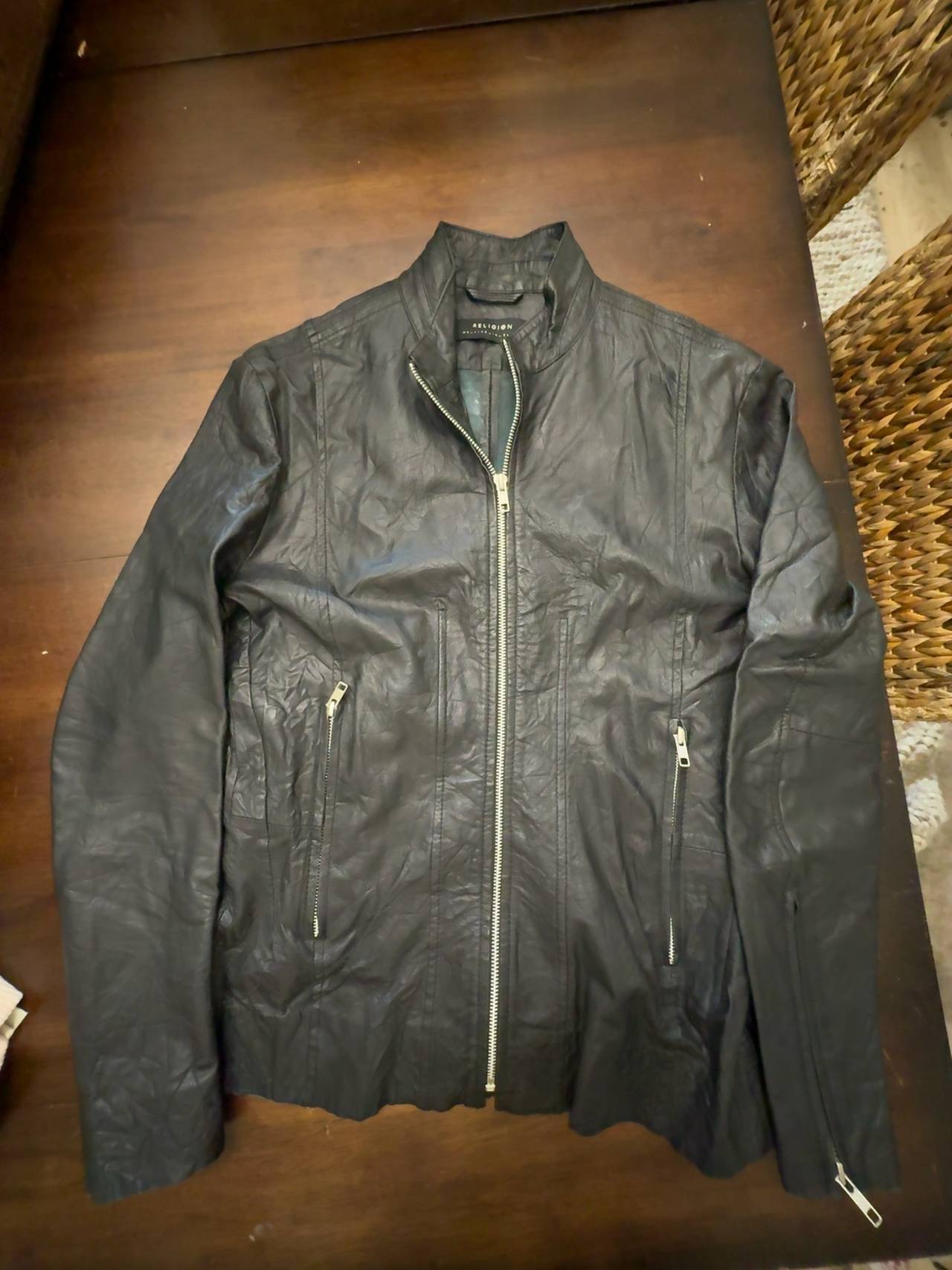 Religion WE_LIVE_IN_BLACK Black CRINKLE Leather Jacket Zippered Cuff: Small