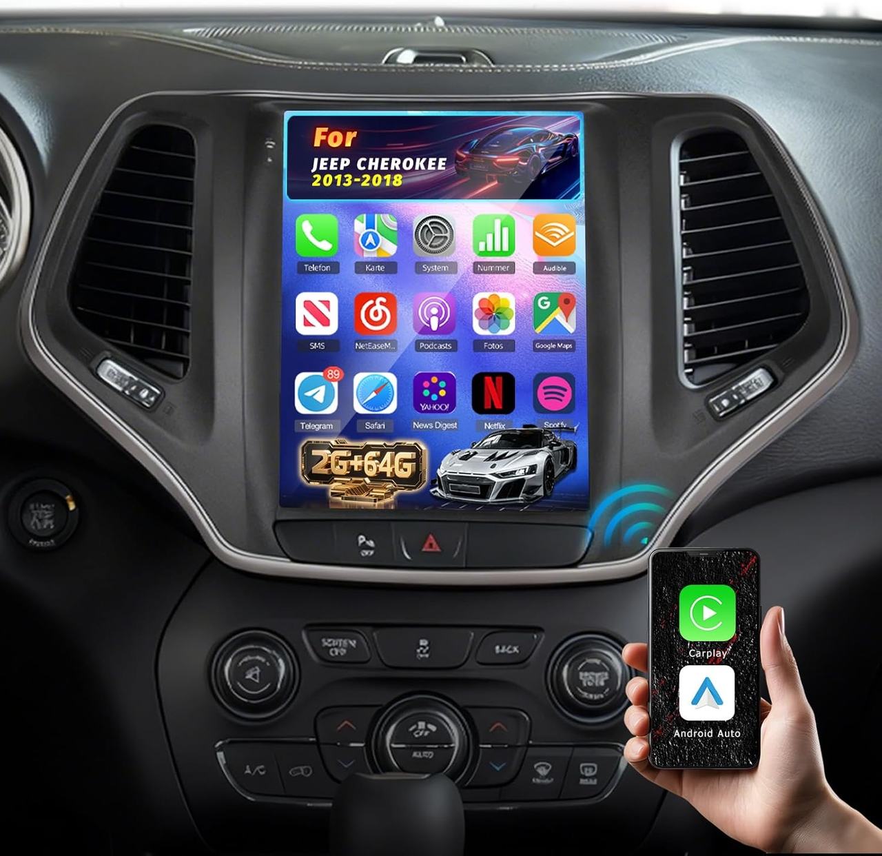 Volxcereo 9.7 inch Vertical Android Car Radio for Jeep Cherokee 2013-2018
