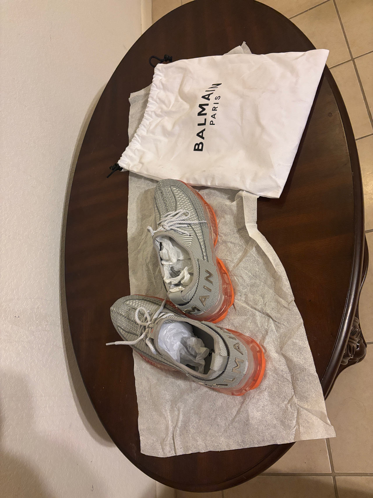 Balmain B-Bold Low-Top Knit Sneakers Grey Orange