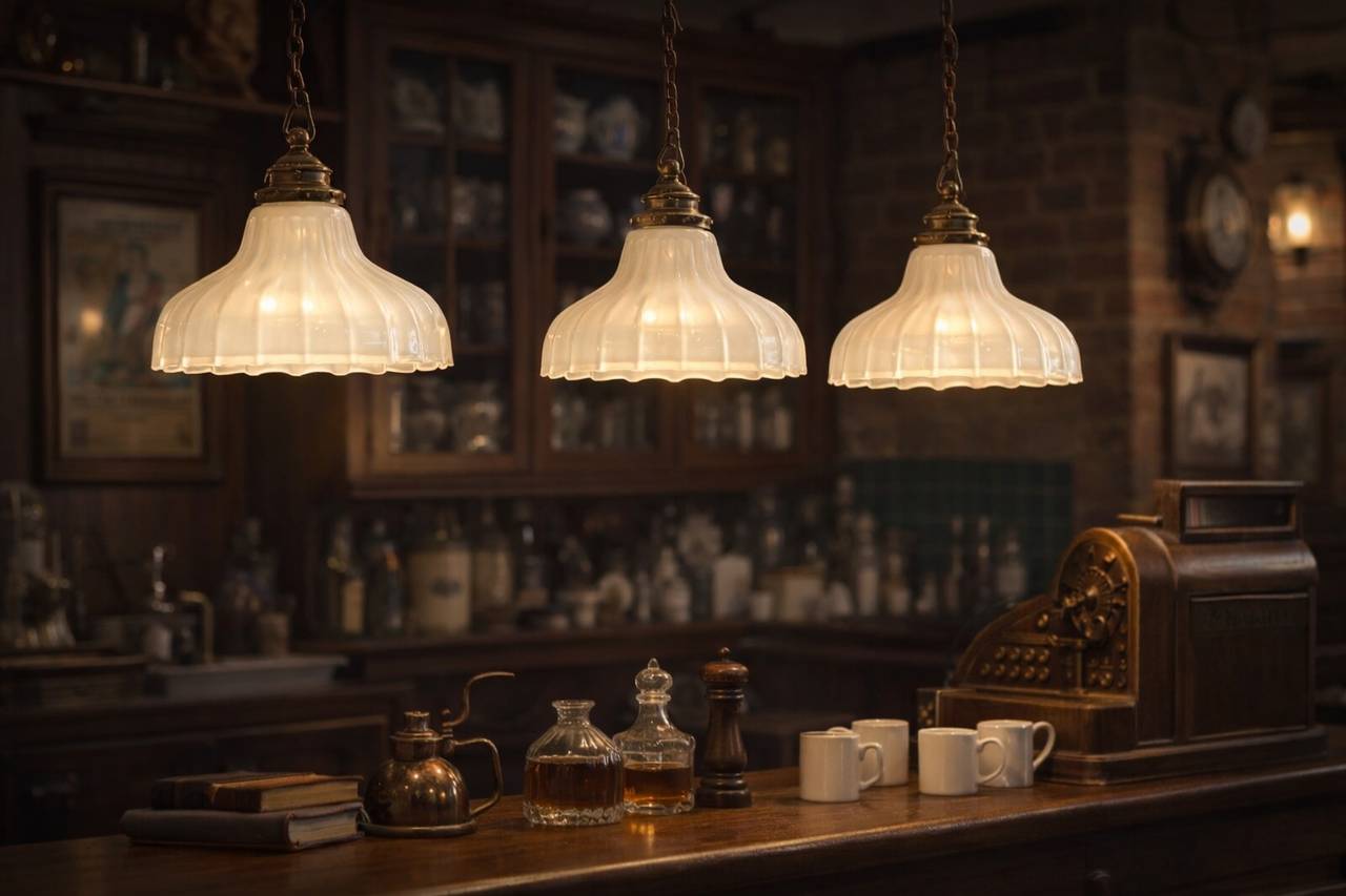 Vintage industrial Clam Broth lampshades for pendant lamps.  Early 1900s