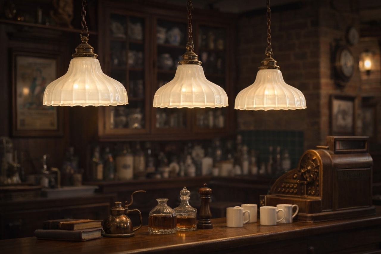 Vintage industrial Clam Broth lampshades for pendant lamps.  Early 1900s