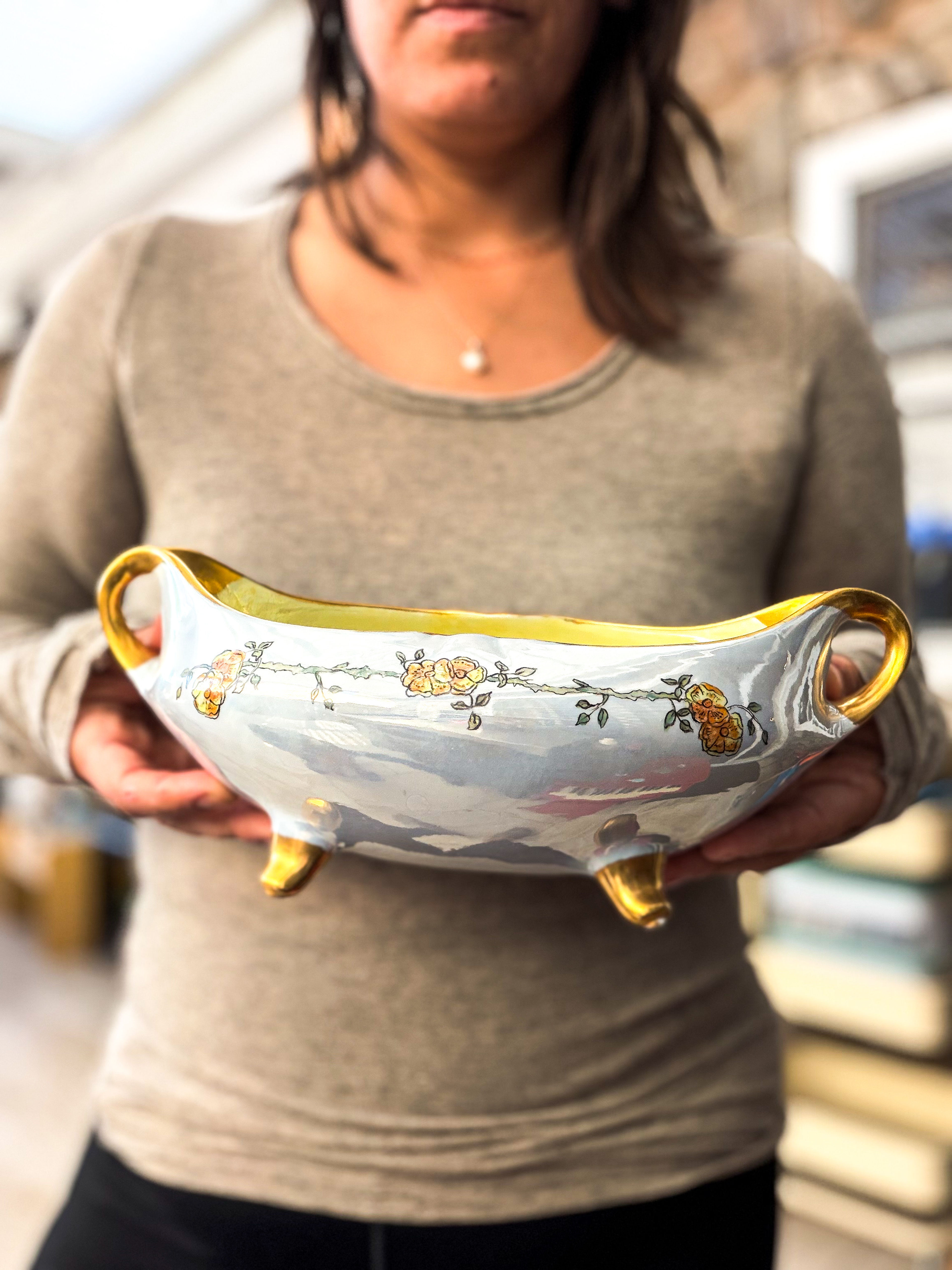 Vintage Porcelain Footed Bowl with Gold Handles Floral Centerpiece Trinket Bowl - Image 2