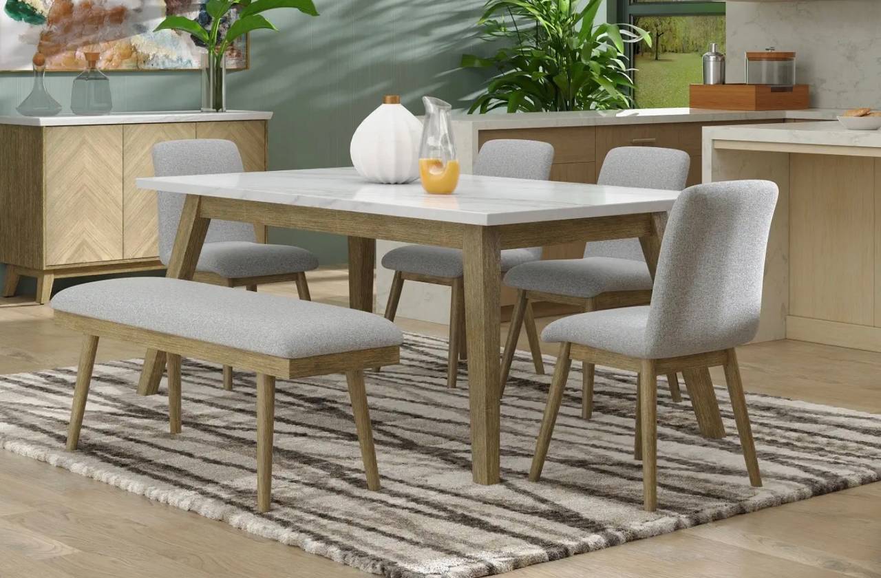 6-Piece Marble Top Dining Set with Bench and 4 Chairs