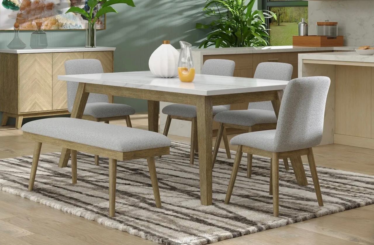 6-Piece Marble Top Dining Set with Bench and 4 Chairs
