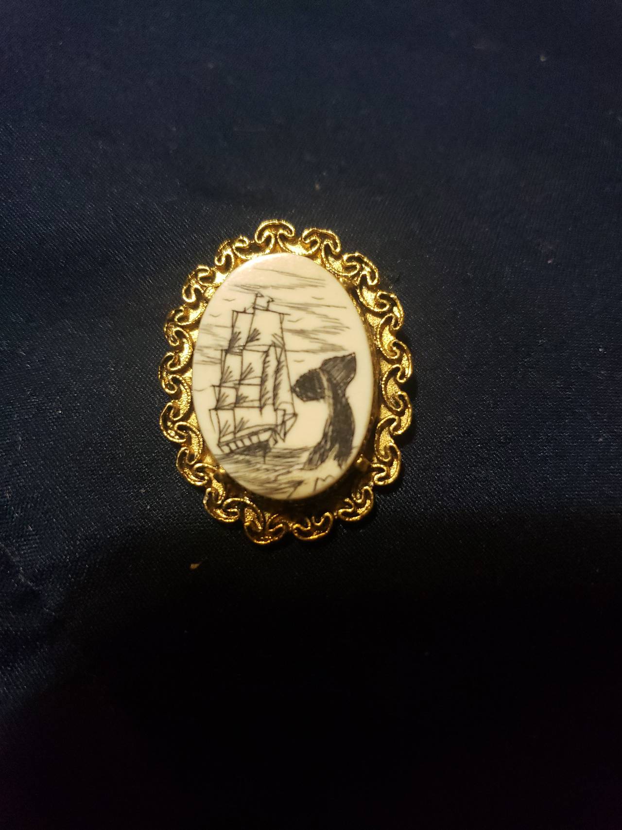 Vintage Scrimshaw Style Whale and Ship Brooch