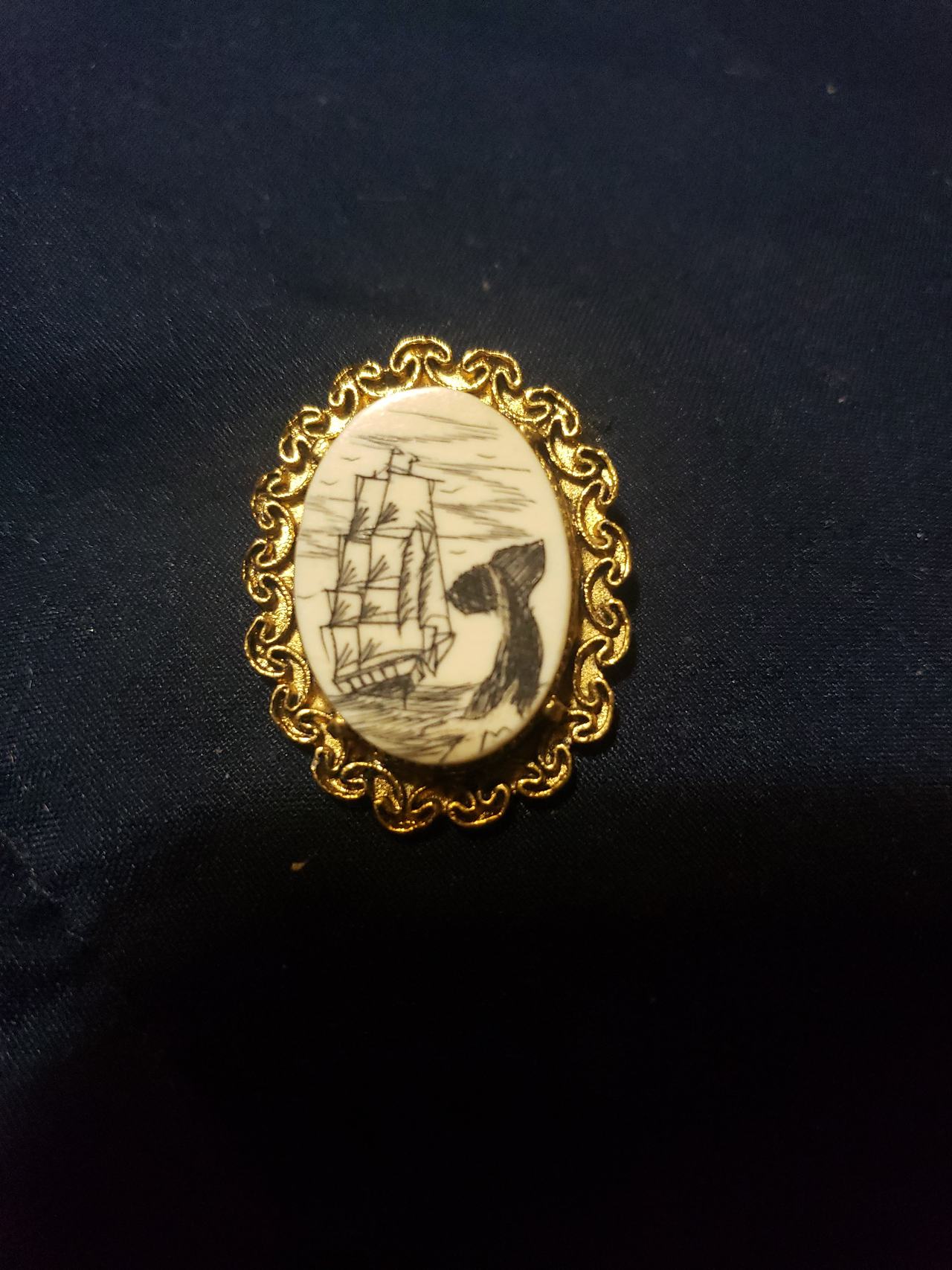 Vintage Scrimshaw Style Whale and Ship Brooch