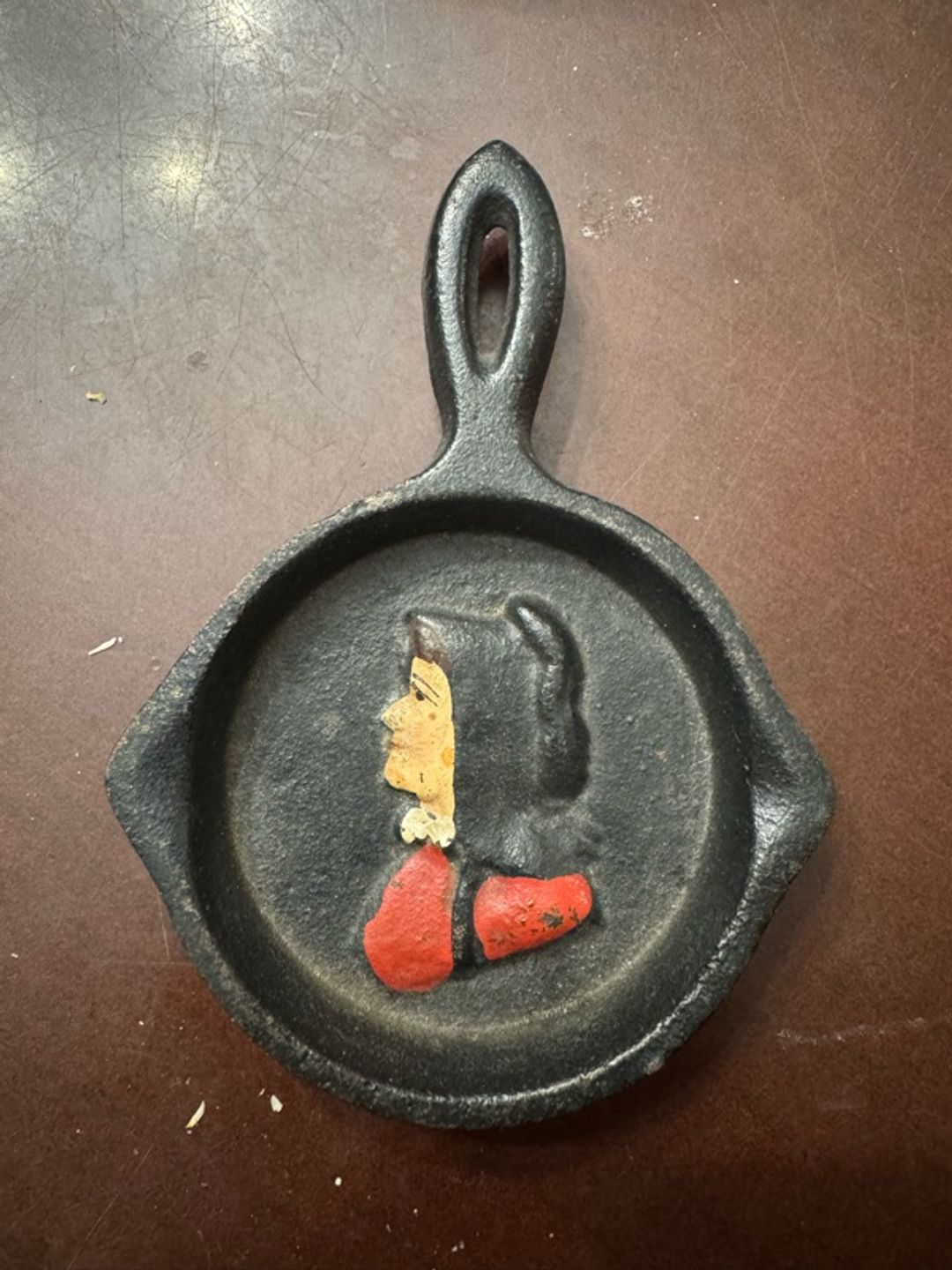 Miniature Cast Iron Skillet Painted Amish Figure