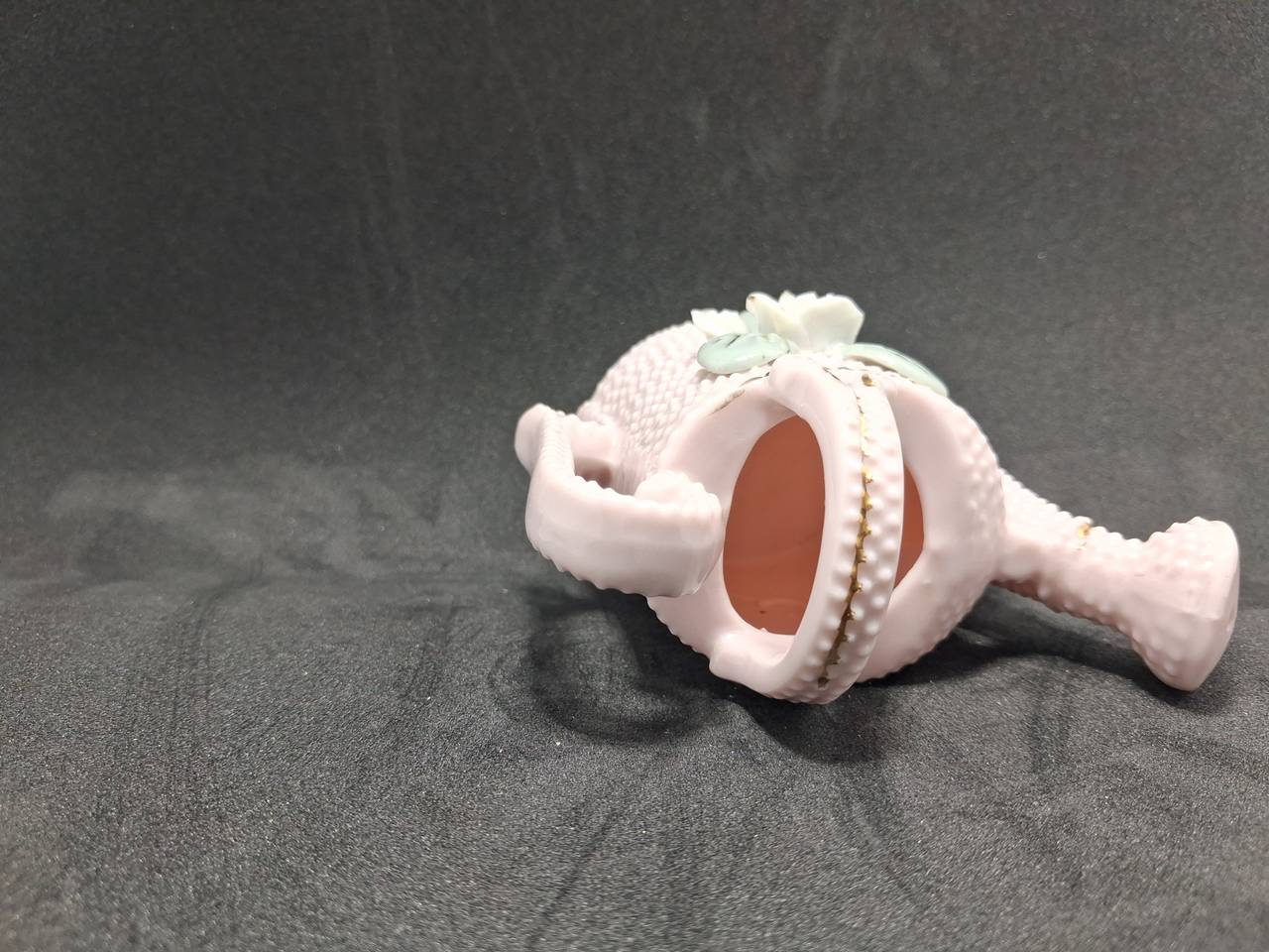 Vintage Pink Hobnail Ceramic Miniature Watering Can with Applied Rose