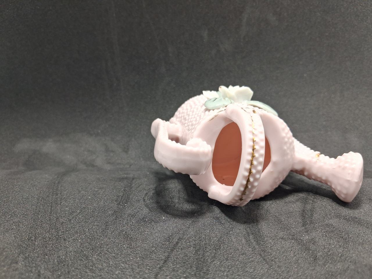 Vintage Pink Hobnail Ceramic Miniature Watering Can with Applied Rose