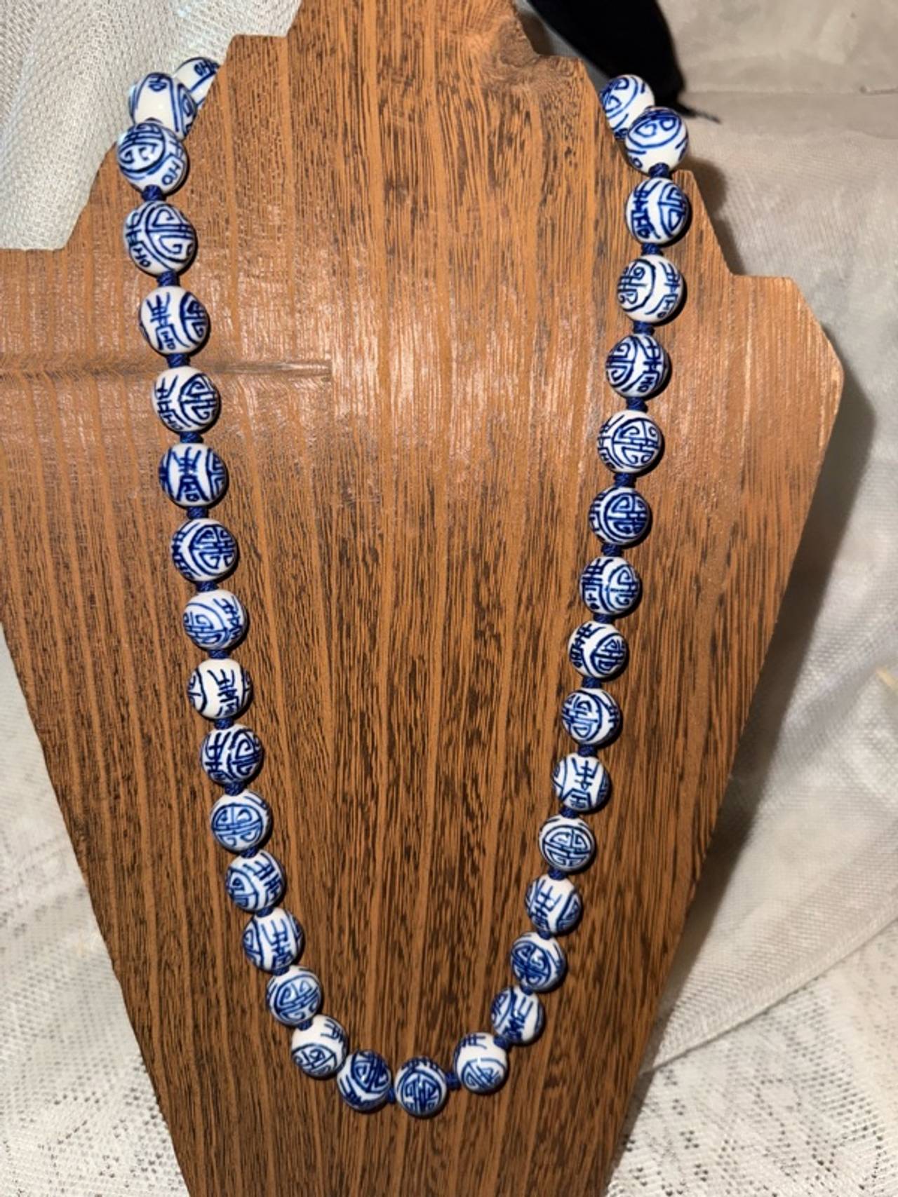 Chinese Blue & White Porcelain Hand-Knotted Bead Necklace