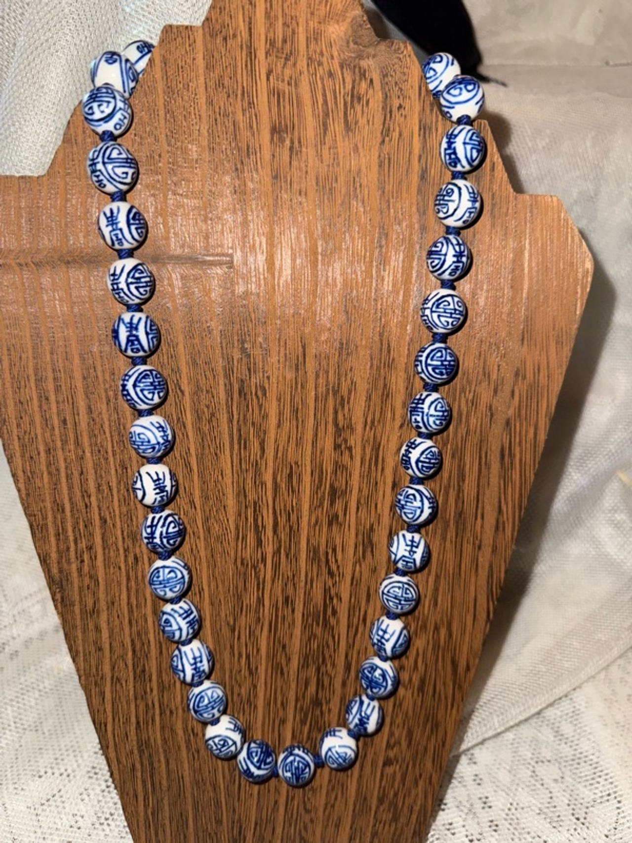 Chinese Blue & White Porcelain Hand-Knotted Bead Necklace