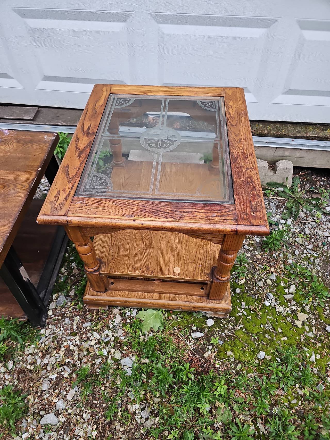 Vintage Oak End Table with Etched Glass Top
