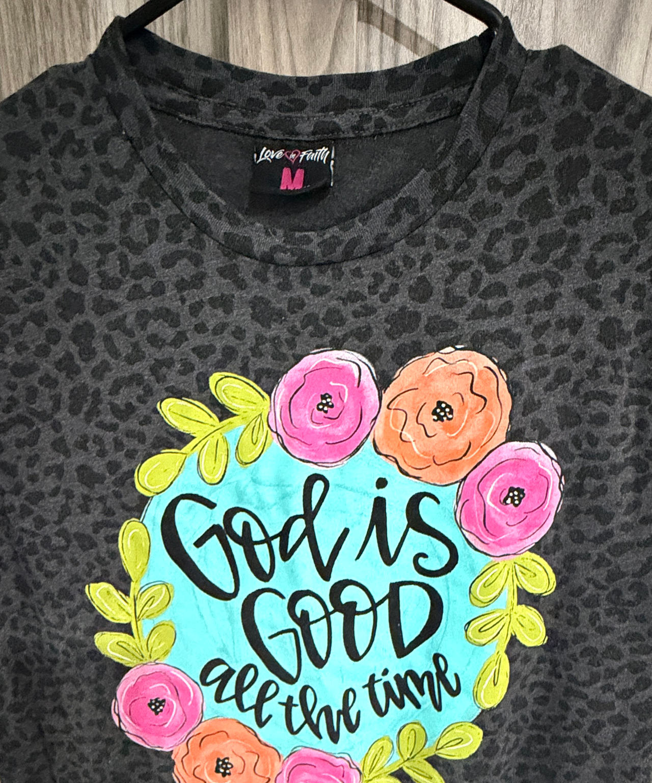 Love & Faith God Is Good All The Time Leopard Graphic Tee Size Medium