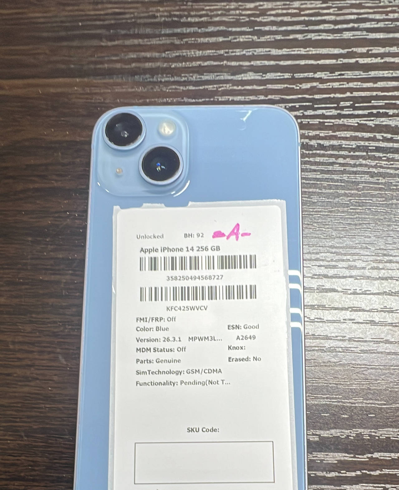 Apple iPhone 14 256GB Blue Unlocked - 92% Battery Health