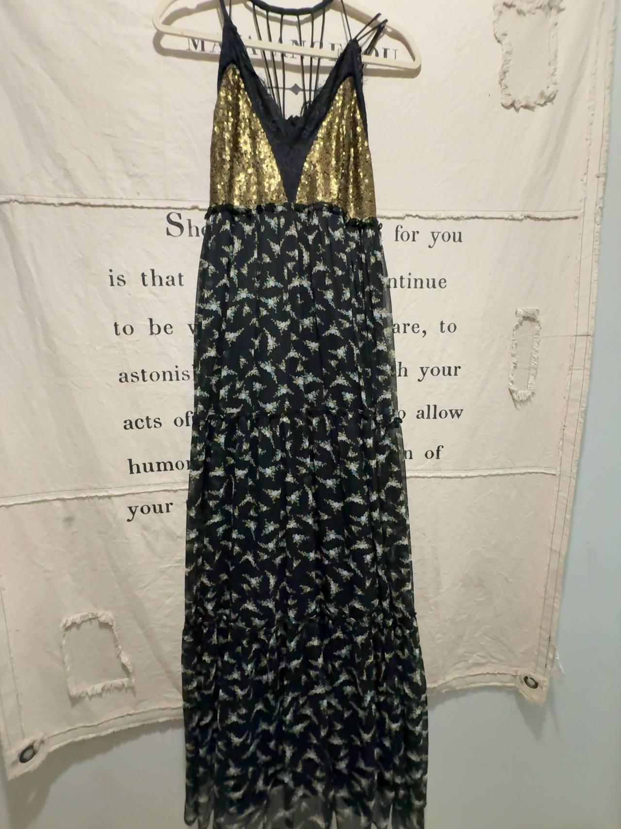 Anthropologie Ranna Gill Lakshmi Maxi Dress Black Floral Gold