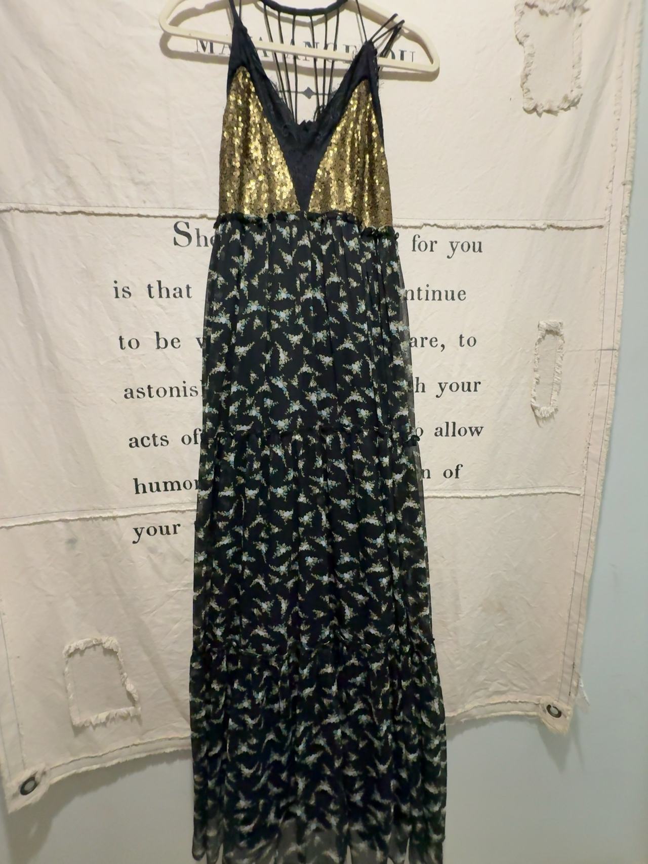 Anthropologie Ranna Gill Lakshmi Maxi Dress Black Floral Gold