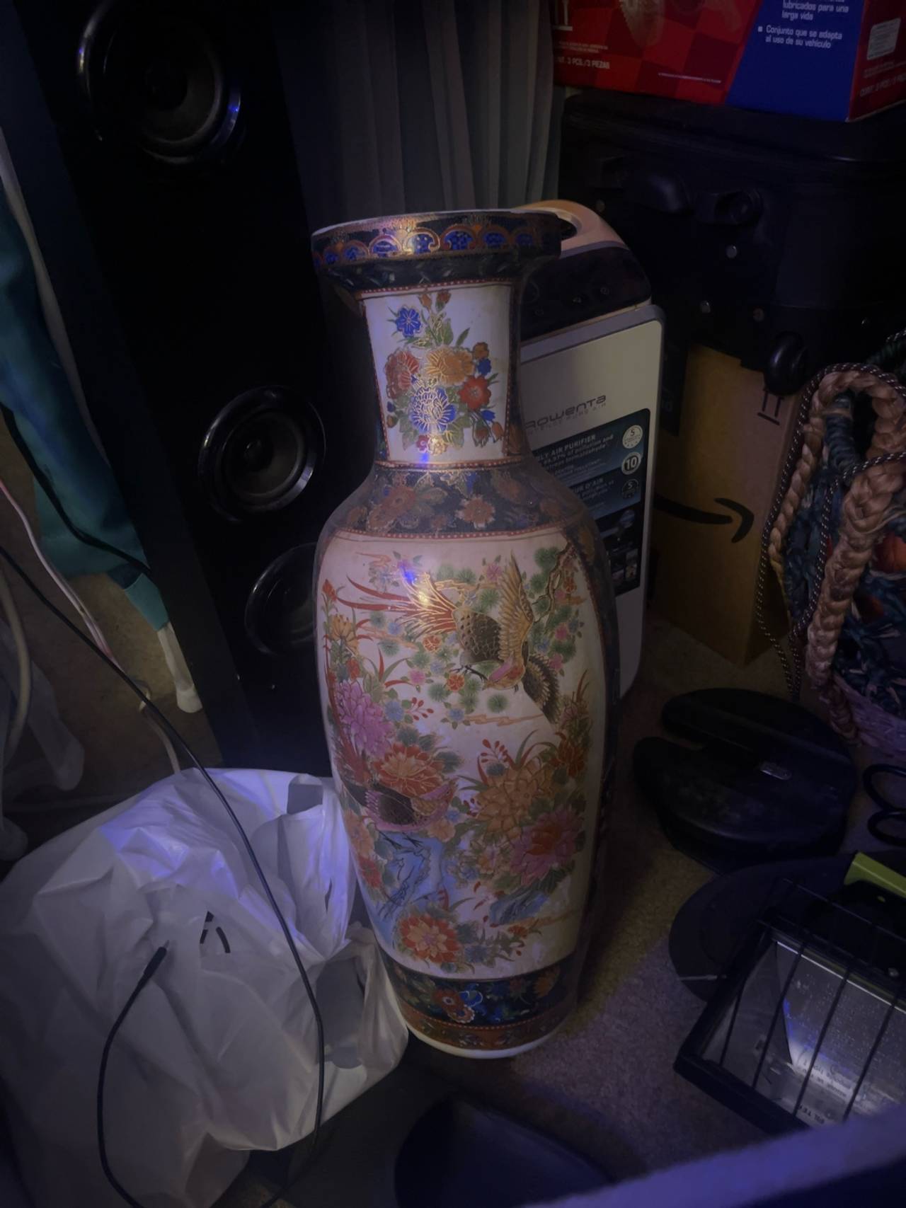 Japanese Satsuma Floor Vase Peacock & Flowers 24"