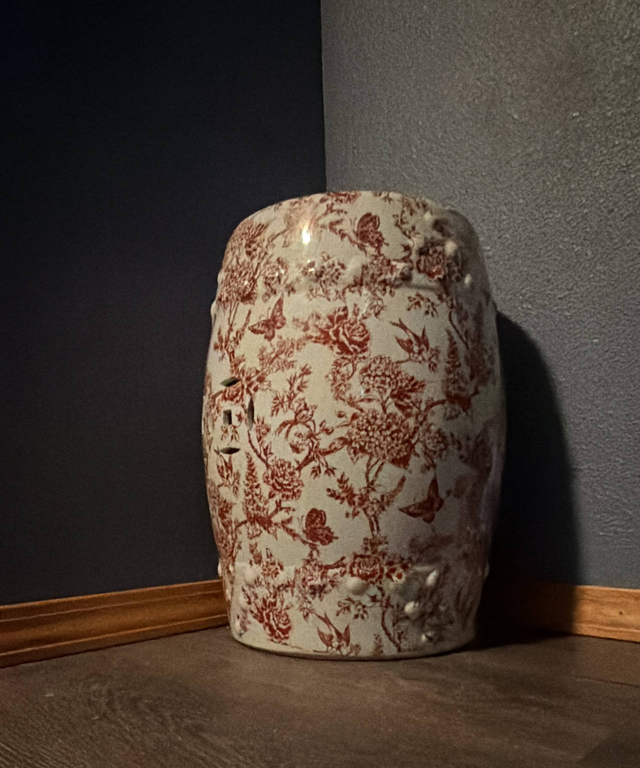 Red and White Floral Ceramic Garden Stool