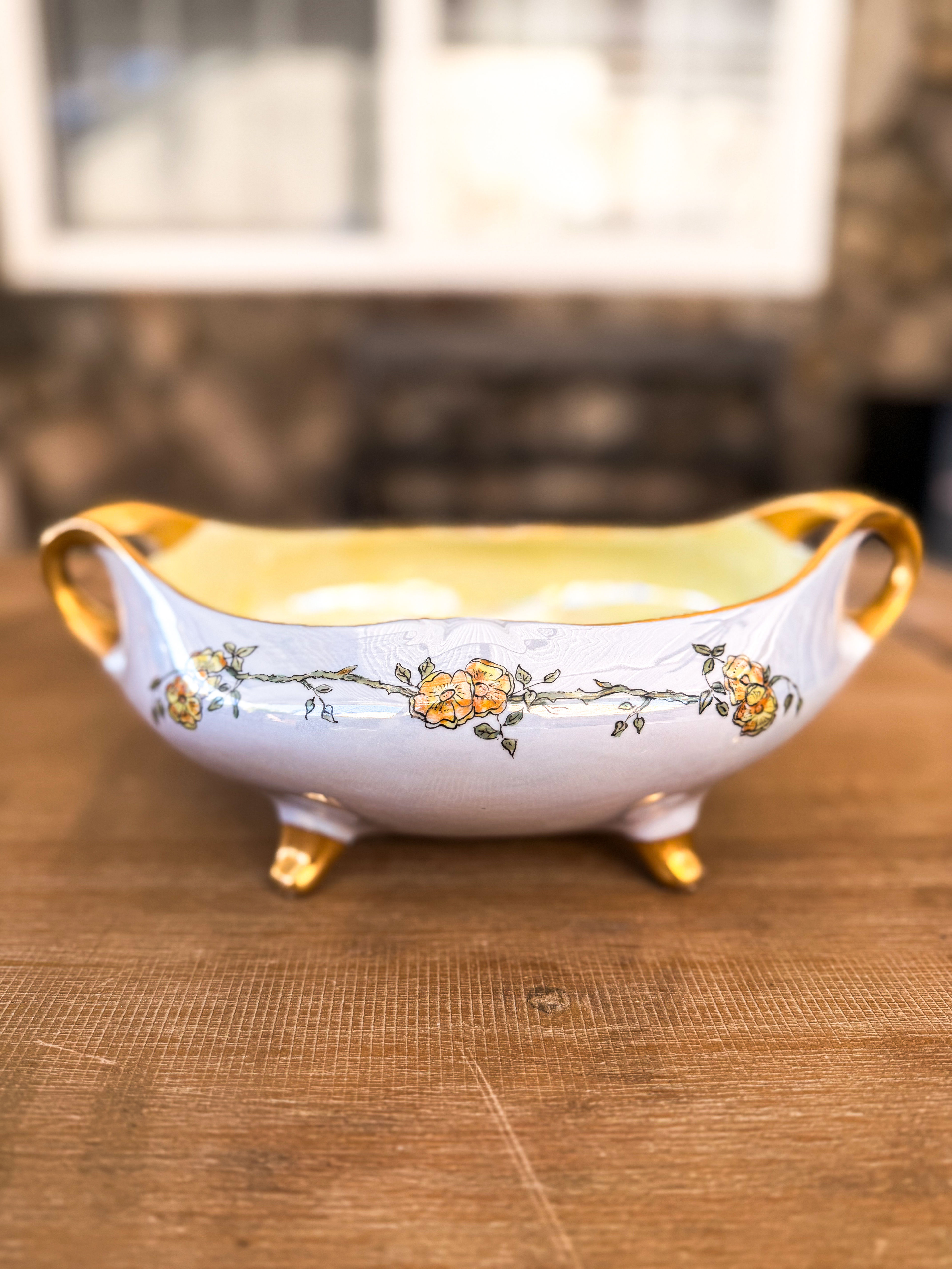 Vintage Porcelain Footed Bowl with Gold Handles Floral Centerpiece Trinket Bowl