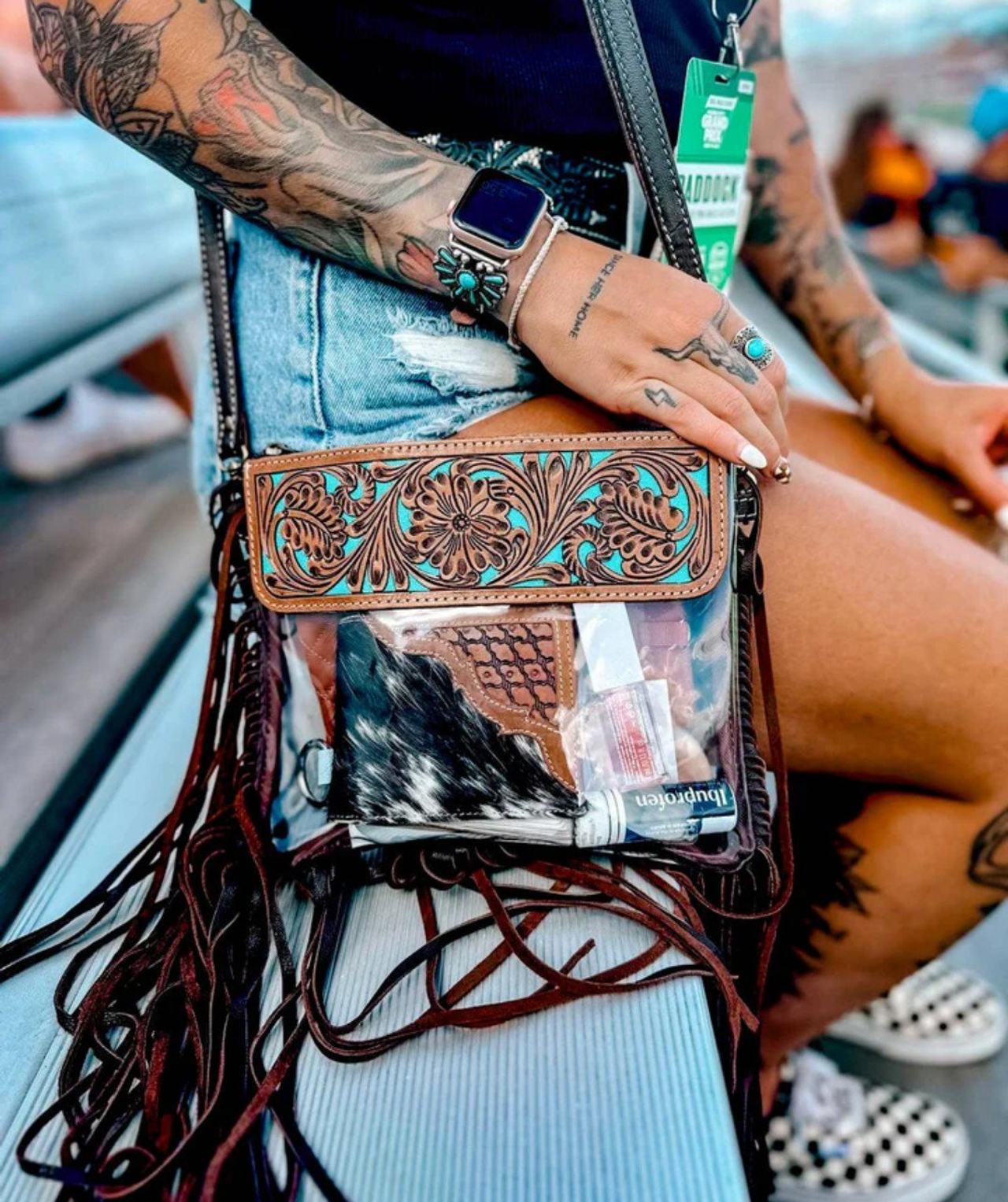 American Darling Turquoise Tooled Leather Clear Bag