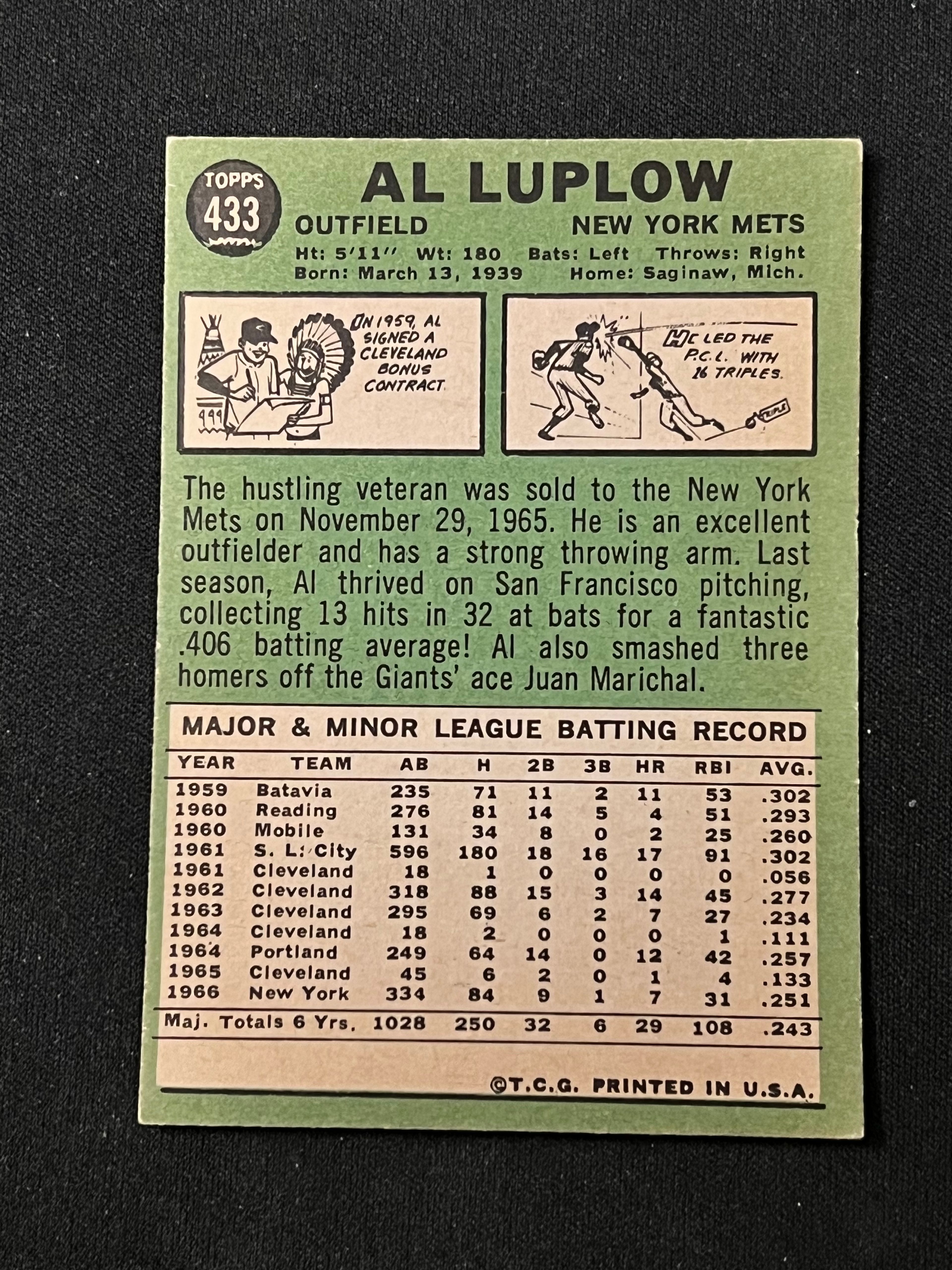 Topps 1967 Al Luplow #433 Baseball Card - Image 2