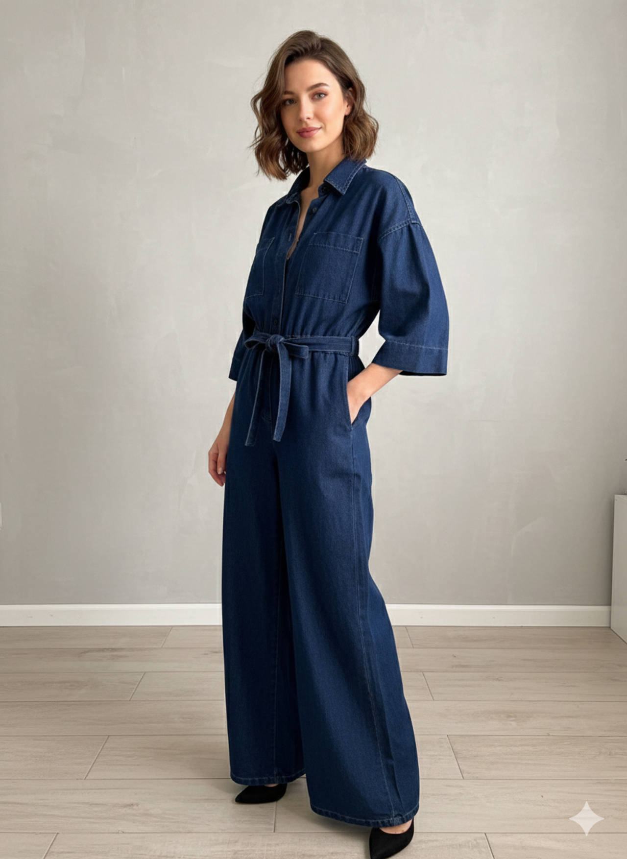 Wide Leg Denim Jumpsuit with Tie Waist