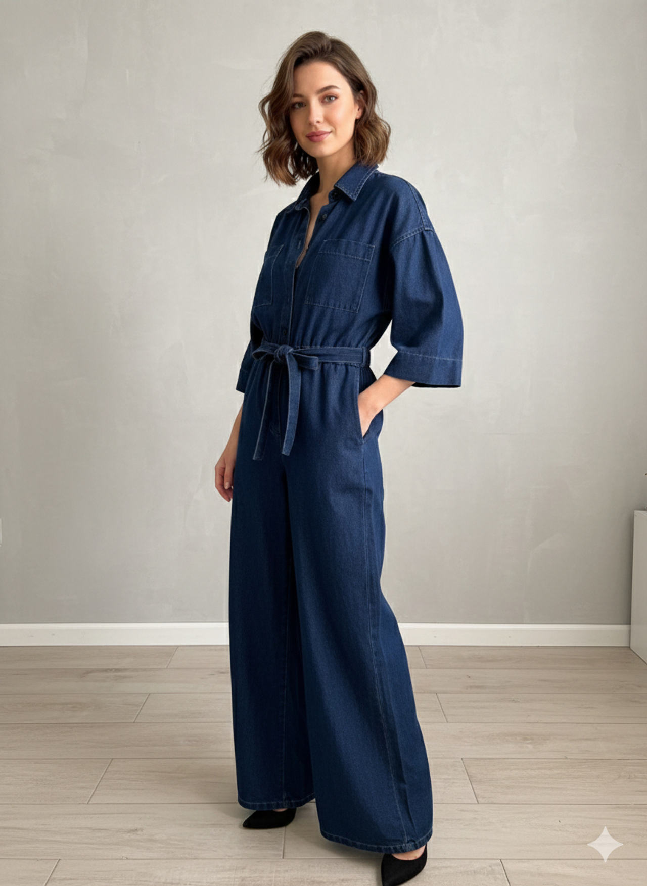 Wide Leg Denim Jumpsuit with Tie Waist