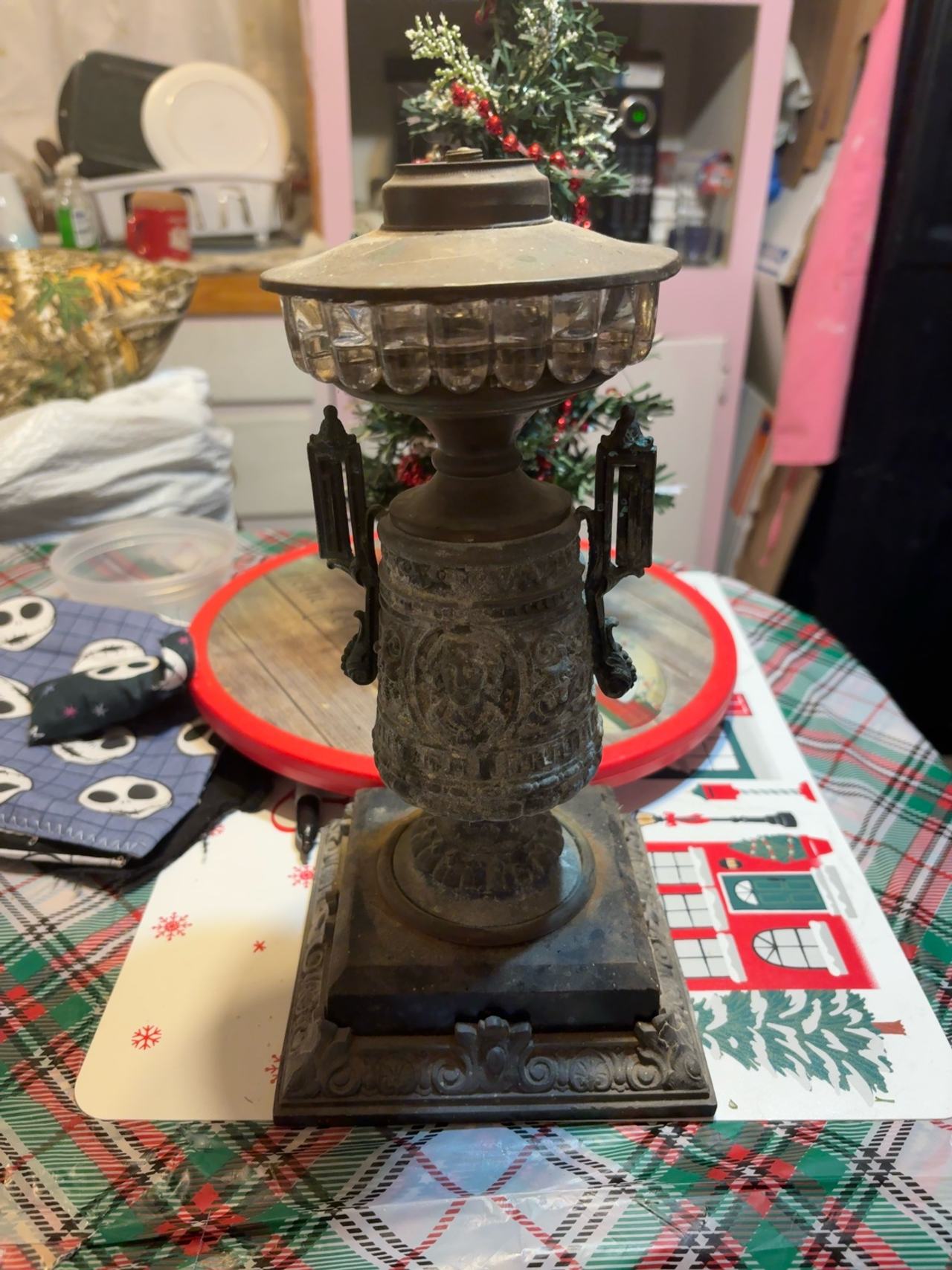 Antique Bronze Oil Table Lamp with Frosted Glass Shade