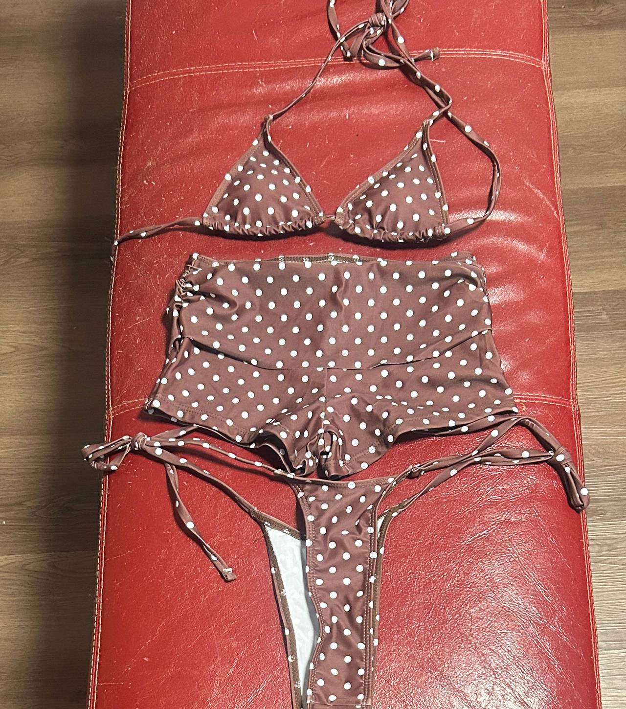 Brown Polka Dot 3-Piece Bikini Set with Shorts