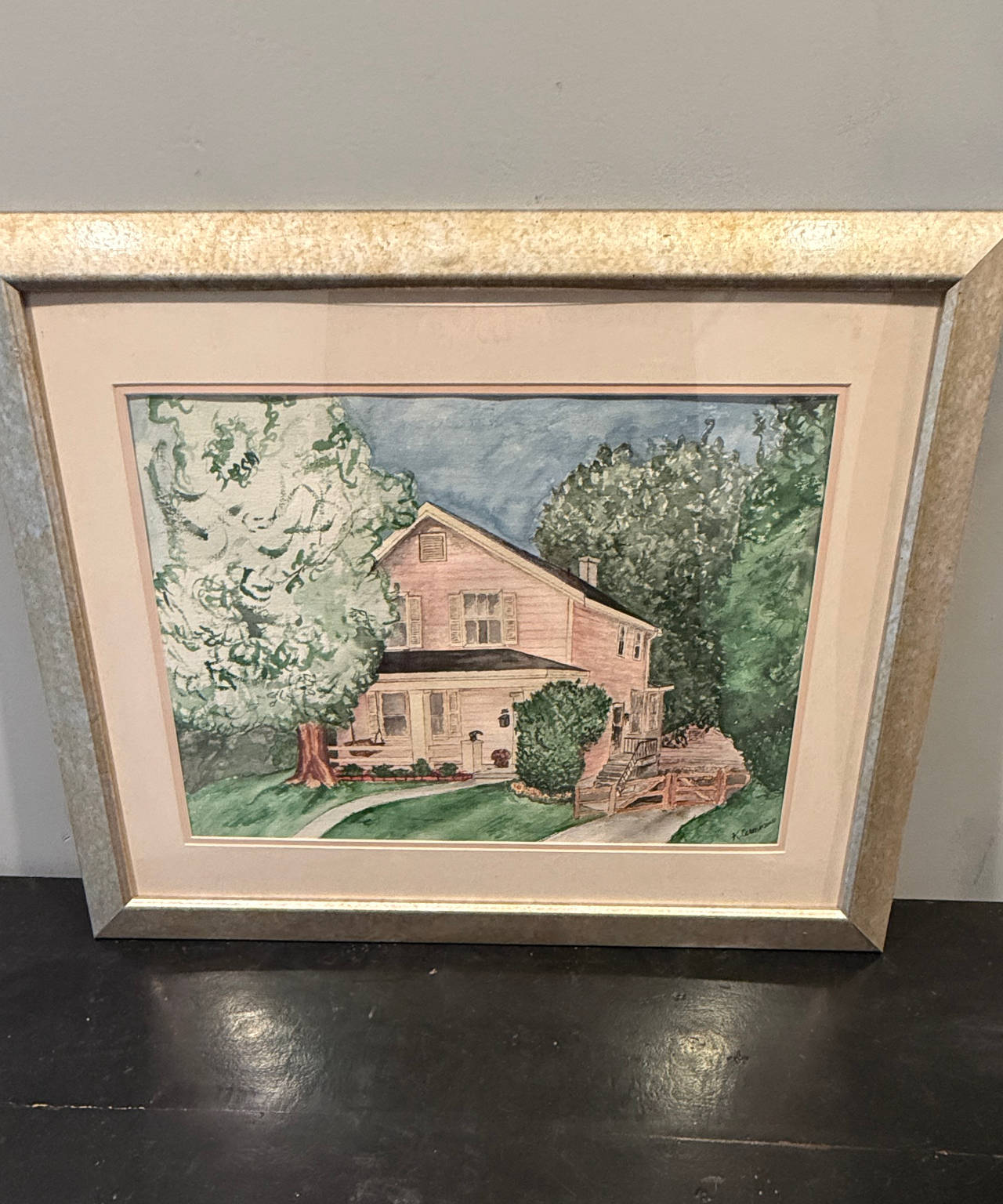 Framed Watercolor House Landscape Painting